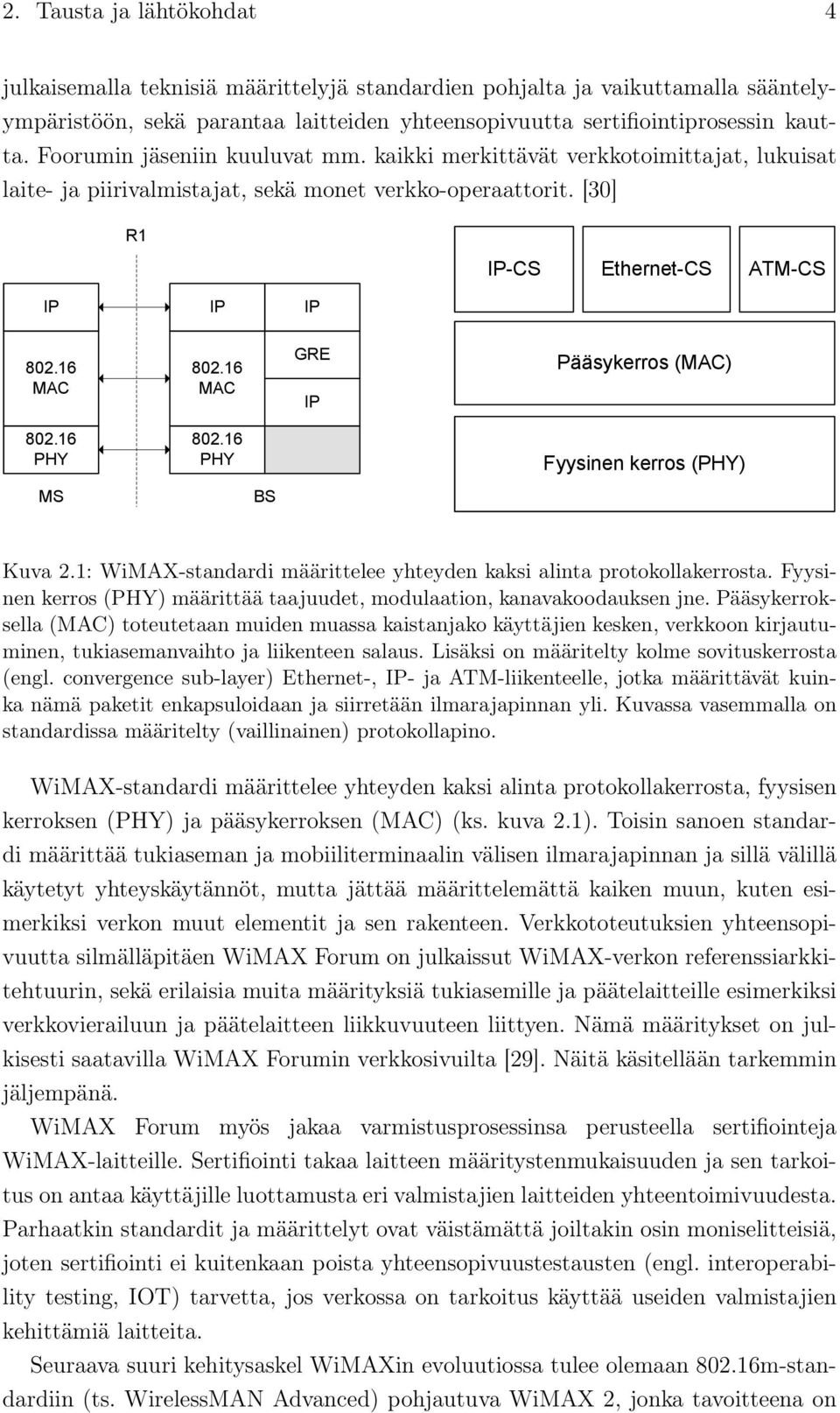 16 MAC GRE IP Pääsykerros (MAC) 802.16 PHY 802.16 PHY Fyysinen kerros (PHY) MS BS Kuva 2.1: WiMAX-standardi määrittelee yhteyden kaksi alinta protokollakerrosta.