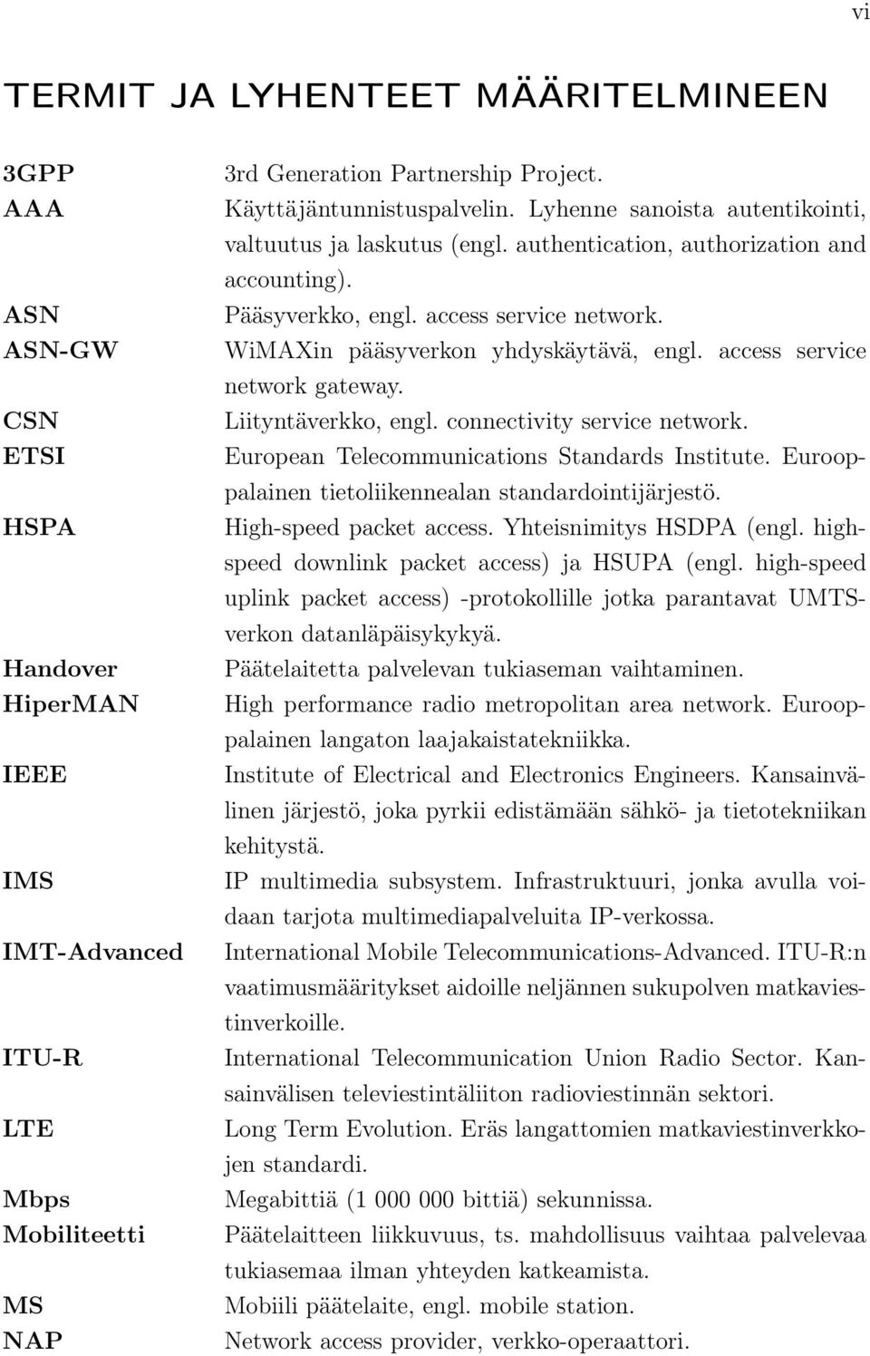 WiMAXin pääsyverkon yhdyskäytävä, engl. access service network gateway. Liityntäverkko, engl. connectivity service network. European Telecommunications Standards Institute.