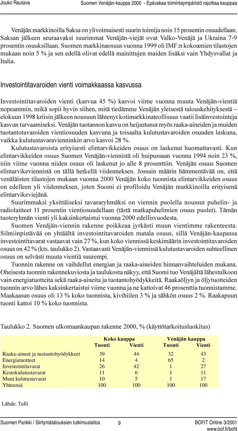 Investointitavaroiden vienti voimakkaassa kasvussa Investointitavaroiden vienti (kasvua 45 %) kasvoi viime vuonna muuta Venäjän-vientiä nopeammin, mikä sopii hyvin siihen, mitä tiedämme Venäjän