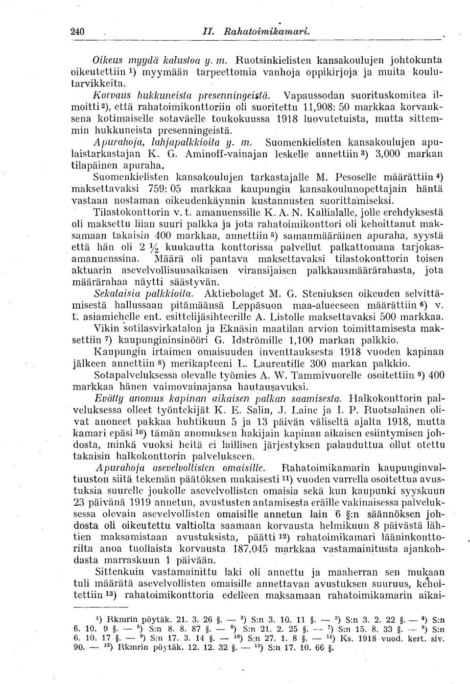 Vapaussodan suorituskomitea ilmoitti 2), että rahatoimikonttoriin oli suoritettu 11,908: 50 markkaa korvauksena kotimaiselle sotaväelle toukokuussa 1918 luovutetuista, mutta sittemmin hukkuneista