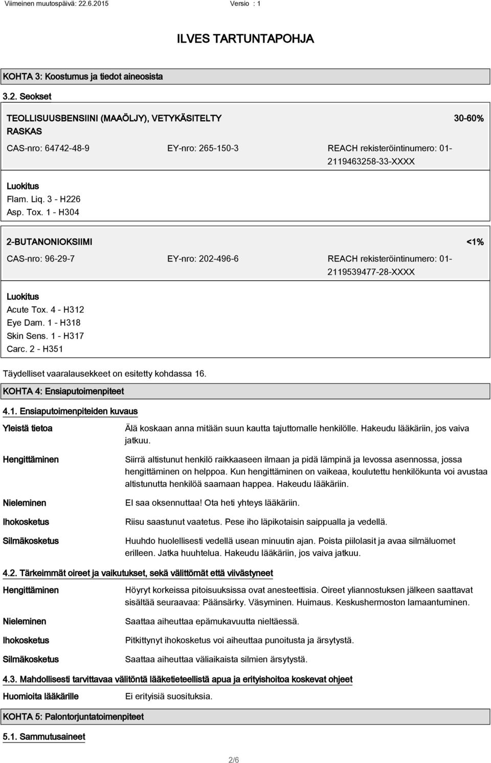 1 - H304 2-BUTANONIOKSIIMI <1% CAS-nro: 96-29-7 EY-nro: 202-496-6 REACH rekisteröintinumero: 01-2119539477-28-XXXX Luokitus Acute Tox. 4 - H312 Eye Dam. 1 - H318 Skin Sens. 1 - H317 Carc.