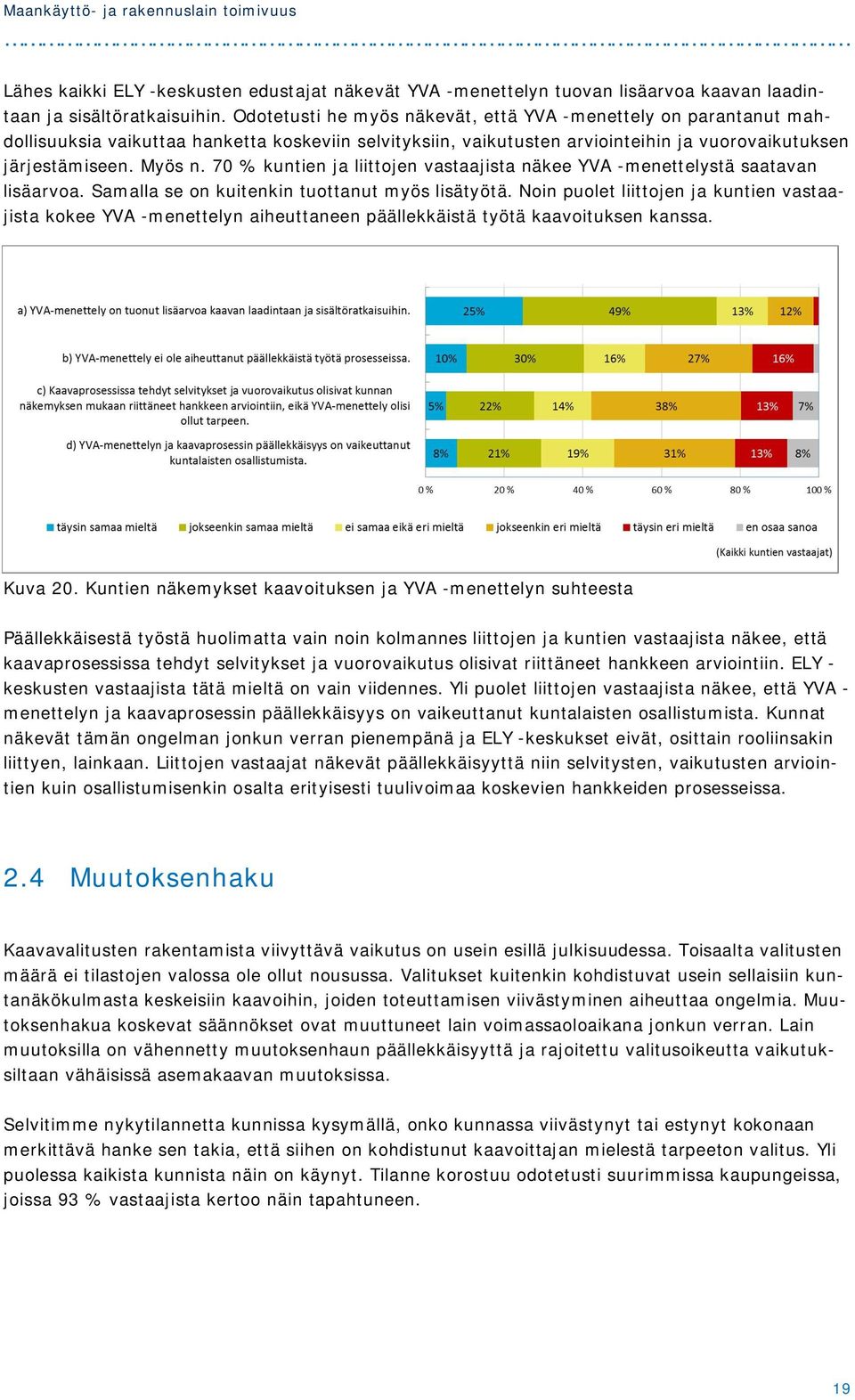 70 % kuntien ja liittojen vastaajista näkee YVA -menettelystä saatavan lisäarvoa. Samalla se on kuitenkin tuottanut myös lisätyötä.