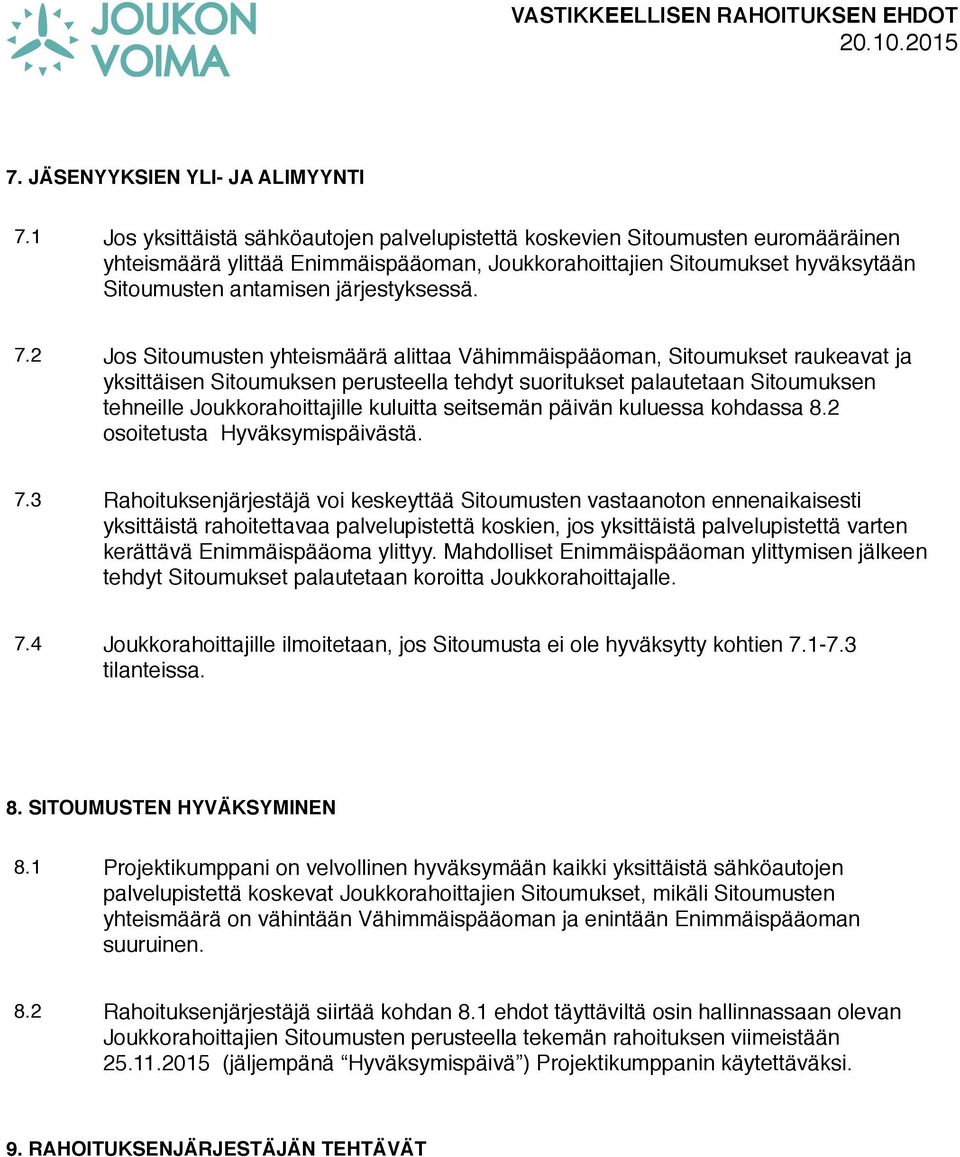7.2 Jos Sitoumusten yhteismäärä alittaa Vähimmäispääoman, Sitoumukset raukeavat ja yksittäisen Sitoumuksen perusteella tehdyt suoritukset palautetaan Sitoumuksen tehneille Joukkorahoittajille