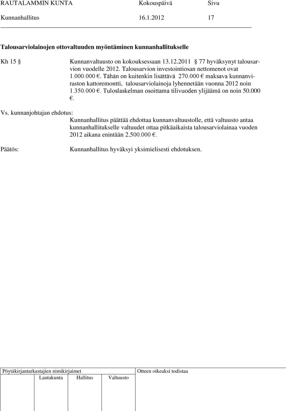 000 maksava kunnanviraston kattoremontti, talousarviolainoja lyhennetään vuonna 2012 noin 1.350.000. Tuloslaskelman osoittama tilivuoden ylijäämä on noin 50.