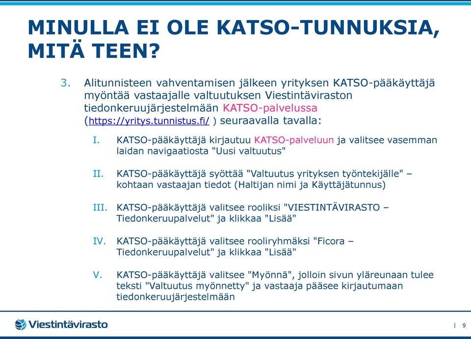 KATSO-pääkäyttäjä syöttää "Valtuutus yrityksen työntekijälle" kohtaan vastaajan tiedot (Haltijan nimi ja Käyttäjätunnus) III.