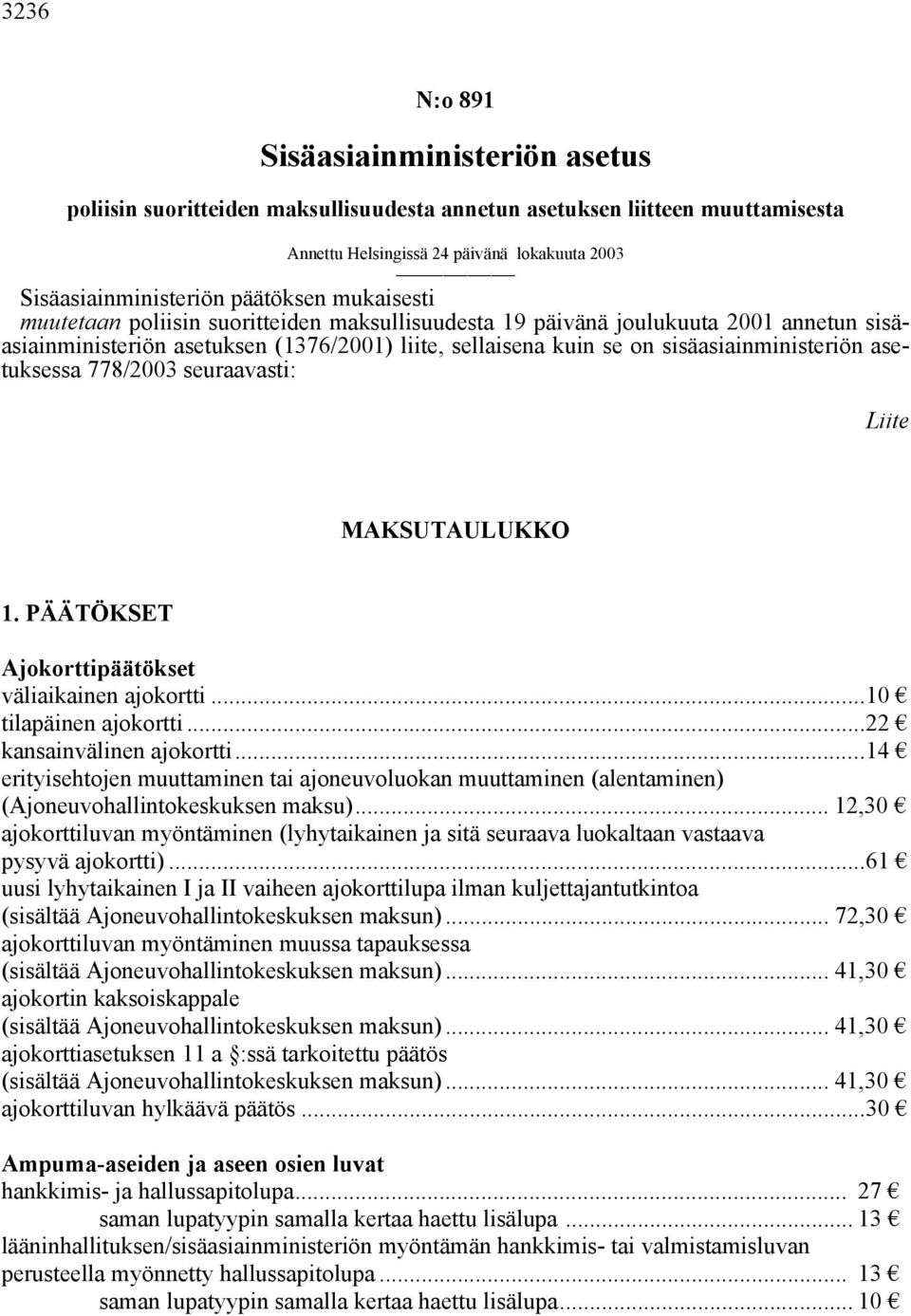 asetuksessa 778/2003 seuraavasti: Liite MAKSUTAULUKKO 1. PÄÄTÖKSET Ajokorttipäätökset väliaikainen ajokortti...10 tilapäinen ajokortti...22 kansainvälinen ajokortti.