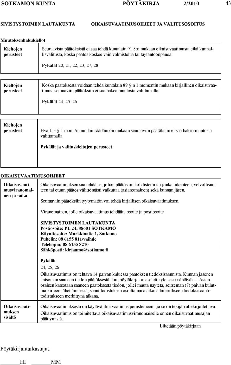 kuntalain 89 :n 1 momentin mukaan kirjallinen oikaisu vaatimus, seuraaviin päätöksiin ei saa hakea muutosta valittamalla: Pykälät 24, 25, 26 Kieltojen perusteet HvalL 3 1 mom.
