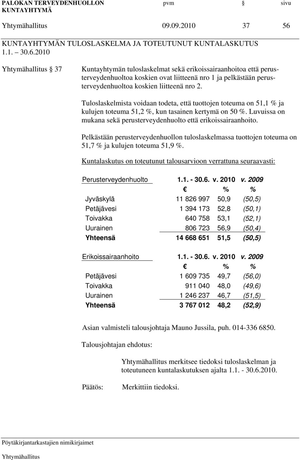 Pelkästään perusterveydenhuollon tuloslaskelmassa tuottojen toteuma on 51,7 % ja kulujen toteuma 51,9 %. Kuntalaskutus on toteutunut talousarvioon verrattuna seuraavasti: Perusterveydenhuolto 1.1. - 30.