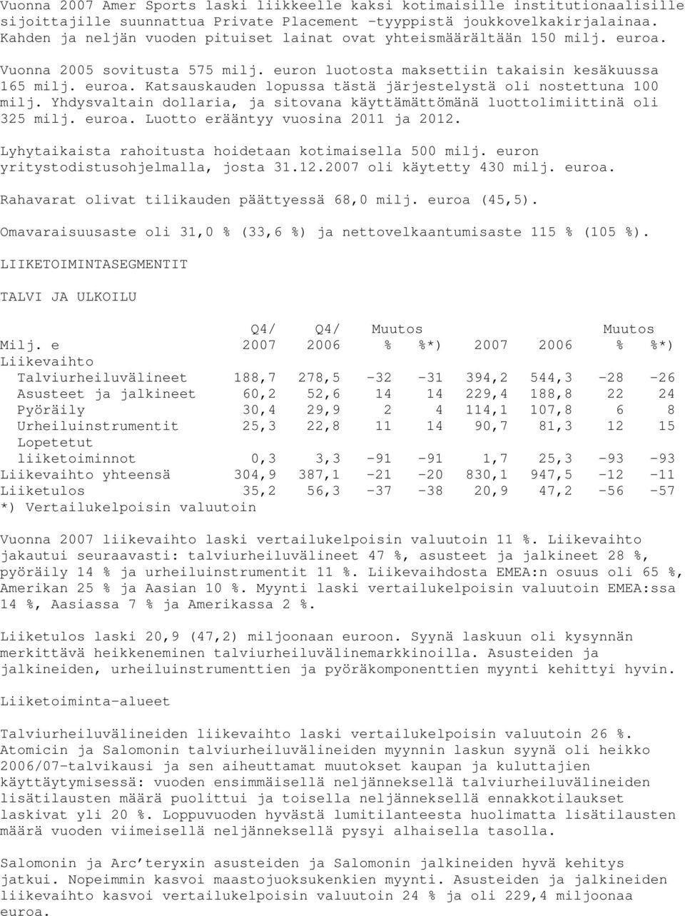 Yhdysvaltain dollaria, ja sitovana käyttämättömänä luottolimiittinä oli 325 milj. euroa. Luotto erääntyy vuosina 2011 ja 2012. Lyhytaikaista rahoitusta hoidetaan kotimaisella 500 milj.