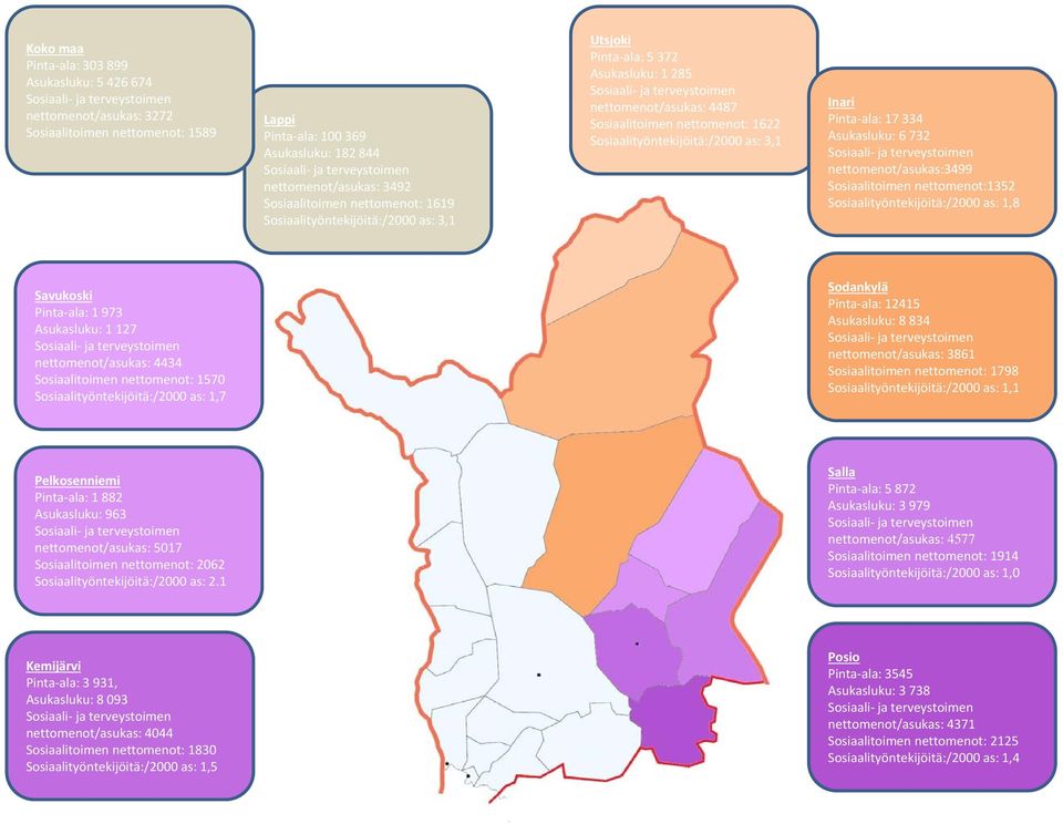 Sosiaalitoimen nettomenot: 1622 Sosiaalityöntekijöitä:/2000 as: 3,1 Inari Pinta ala: 17 334 Asukasluku: 6 732 Sosiaali ja terveystoimen nettomenot/asukas:3499 Sosiaalitoimen nettomenot:1352