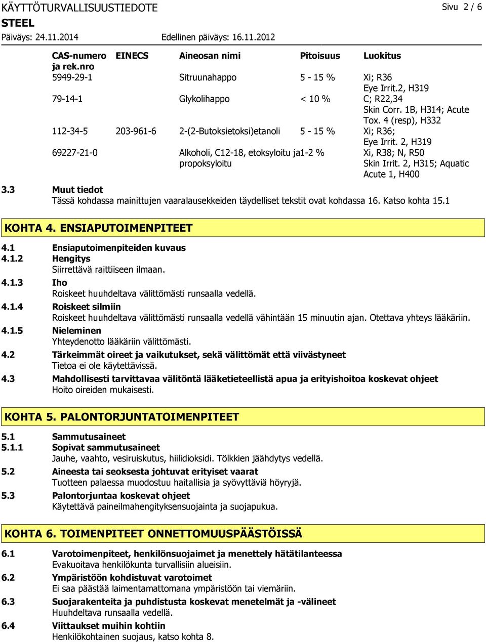 2, H315; Aquatic Acute 1, H400 3.3 Muut tiedot Tässä kohdassa mainittujen vaaralausekkeiden täydelliset tekstit ovat kohdassa 16. Katso kohta 15.1 KOHTA 4. ENSIAPUTOIMENPITEET 4.