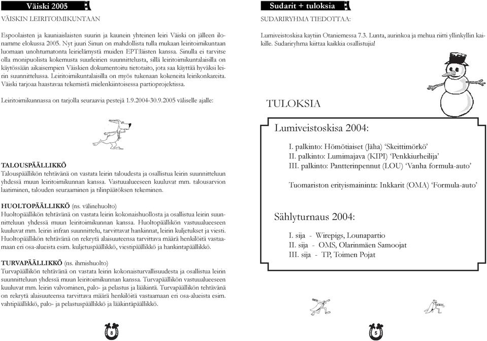 Sinulla ei tarvitse olla monipuolista kokemusta suurleirien suunnittelusta, sillä leiritoimikuntalaisilla on käytössään aikaisempien Väiskien dokumentoitu tietotaito, jota saa käyttää hyväksi leirin