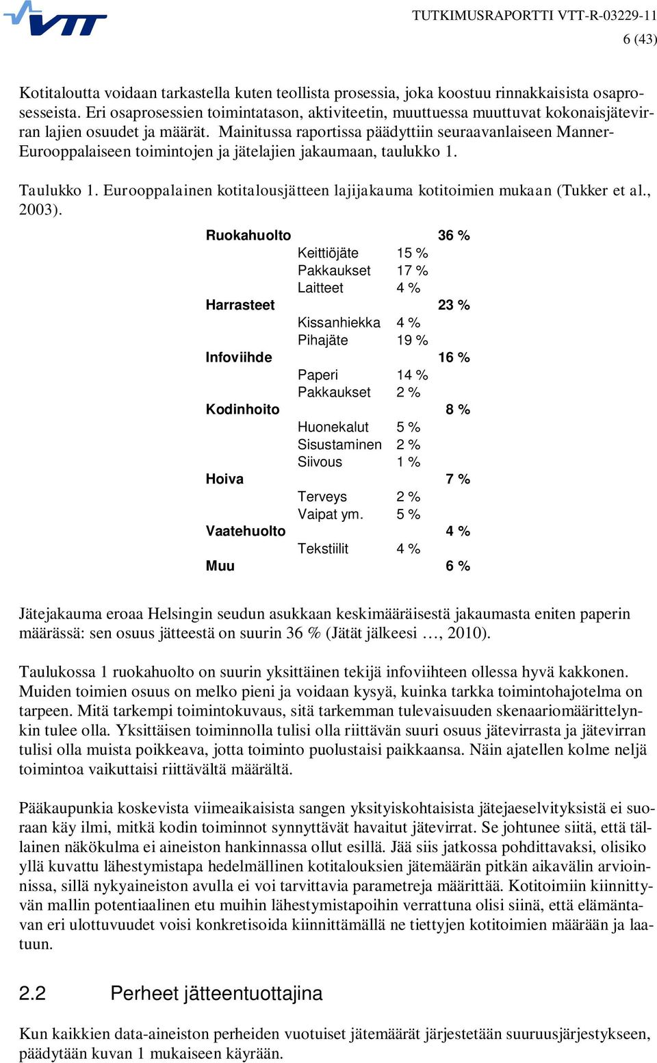 Mainitussa raportissa päädyttiin seuraavanlaiseen Manner- Eurooppalaiseen toimintojen ja jätelajien jakaumaan, taulukko 1. Taulukko 1.