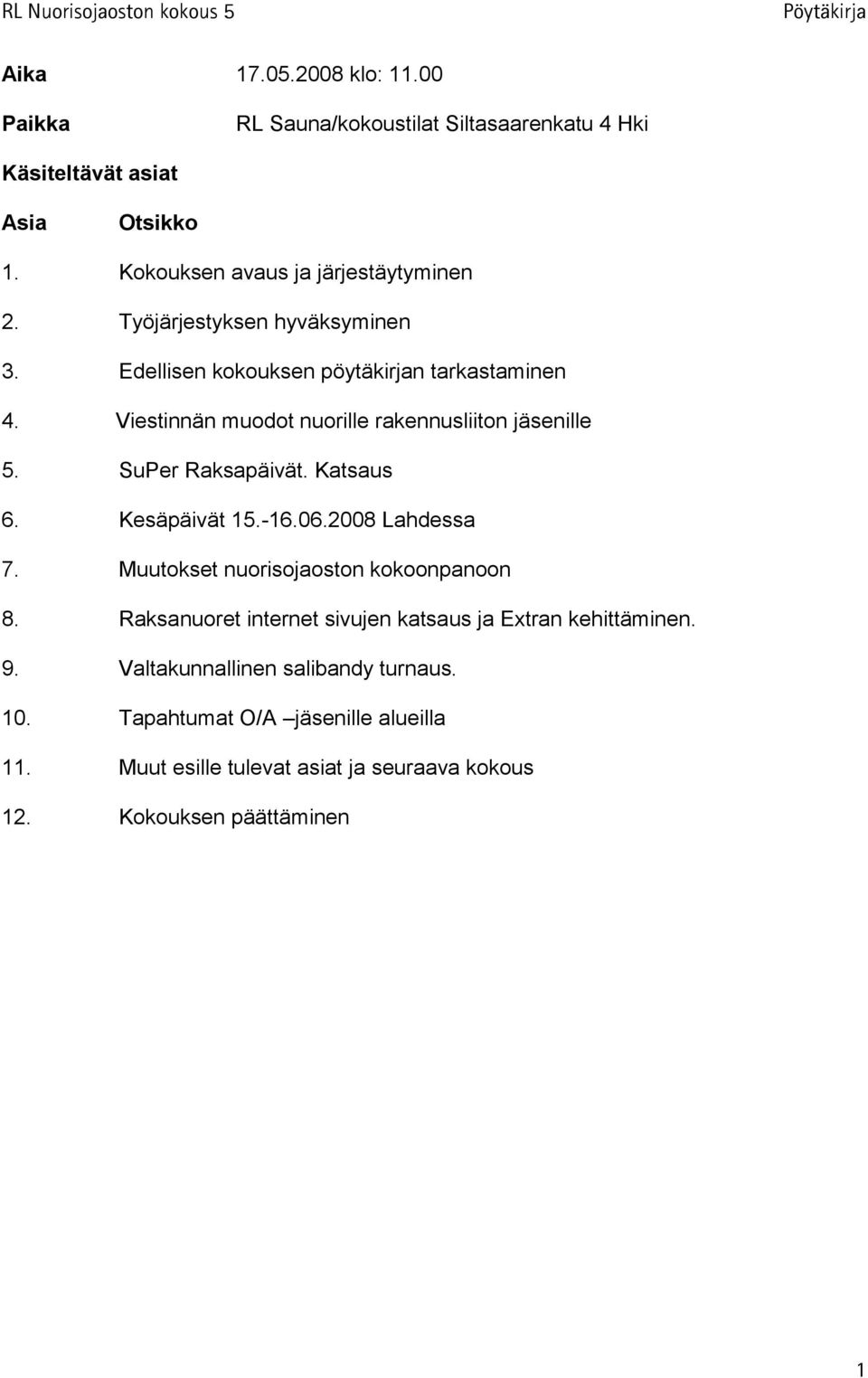 SuPer Raksapäivät. Katsaus 6. Kesäpäivät 15.-16.06.2008 Lahdessa 7. Muutokset nuorisojaoston kokoonpanoon 8.