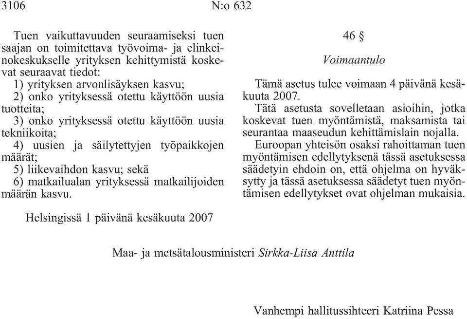 yrityksessä matkailijoiden määrän kasvu. 46 Voimaantulo Tämä asetus tulee voimaan 4 päivänä kesäkuuta 2007.