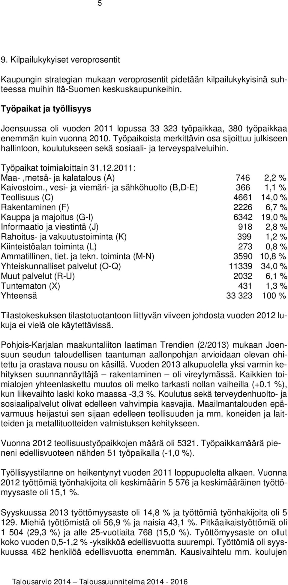 Työpaikoista merkittävin osa sijoittuu julkiseen hallintoon, koulutukseen sekä sosiaali- ja terveyspalveluihin. Työpaikat toimialoittain 31.12.2011: Maa-,metsä- ja kalatalous (A) 746 2,2 % Kaivostoim.