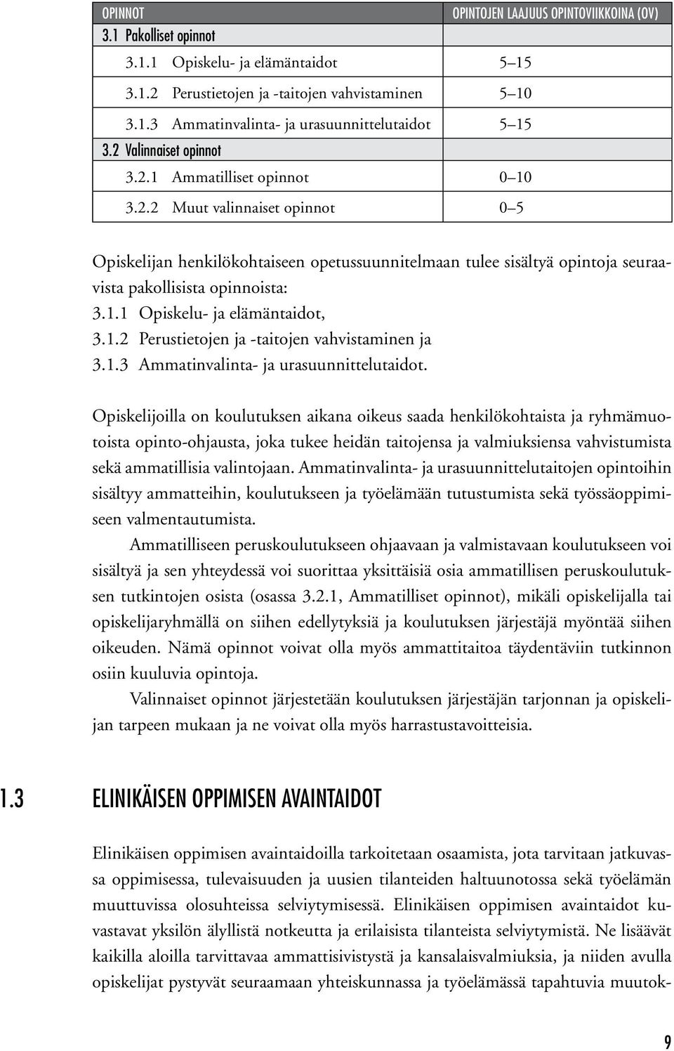 1.1 Opiskelu- ja elämäntaidot, 3.1.2 Perustietojen ja -taitojen vahvistaminen ja 3.1.3 Ammatinvalinta- ja urasuunnittelutaidot.