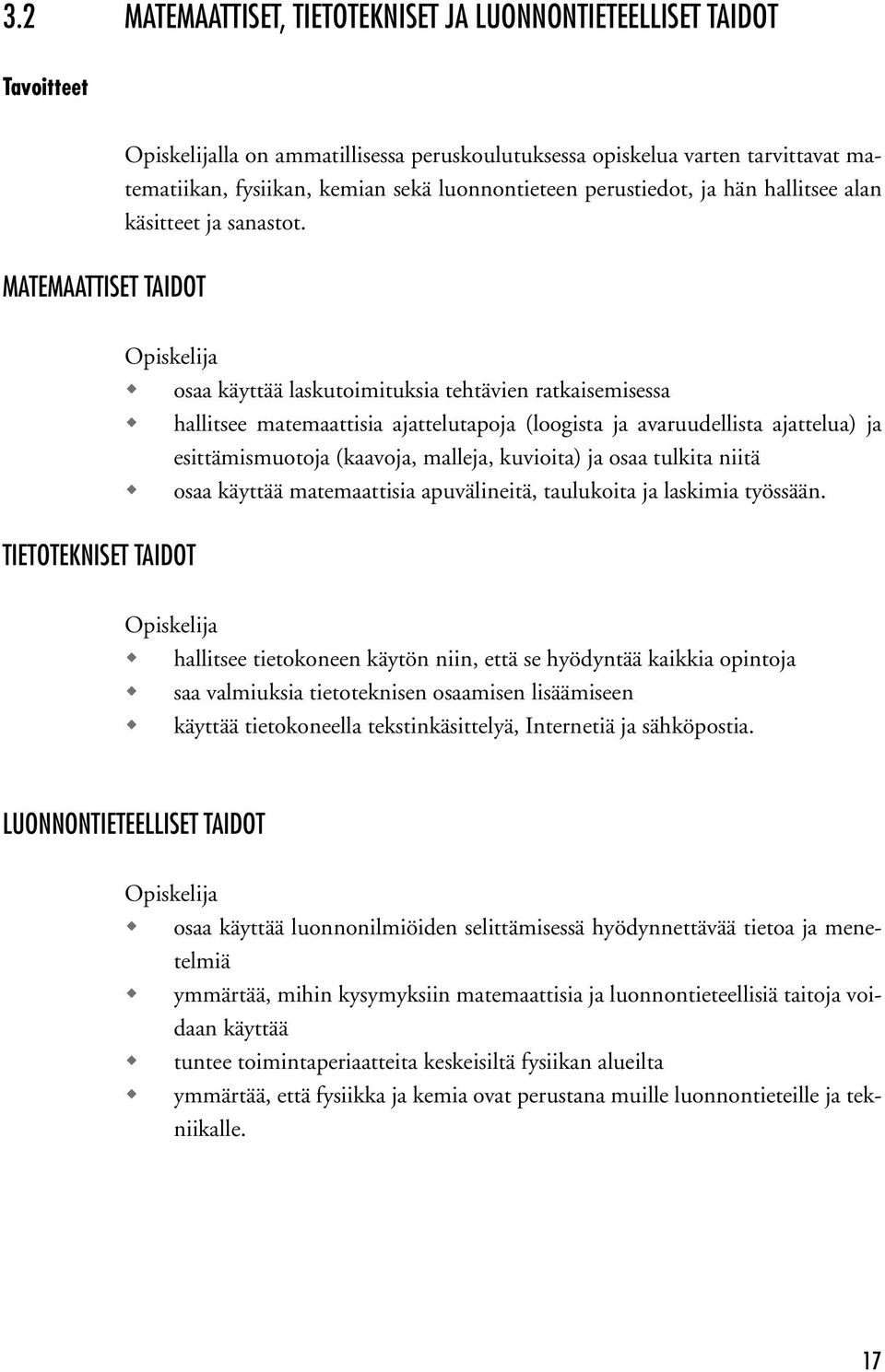 Tietotekniset taidot Opiskelija osaa käyttää laskutoimituksia tehtävien ratkaisemisessa hallitsee matemaattisia ajattelutapoja (loogista ja avaruudellista ajattelua) ja esittämismuotoja (kaavoja,