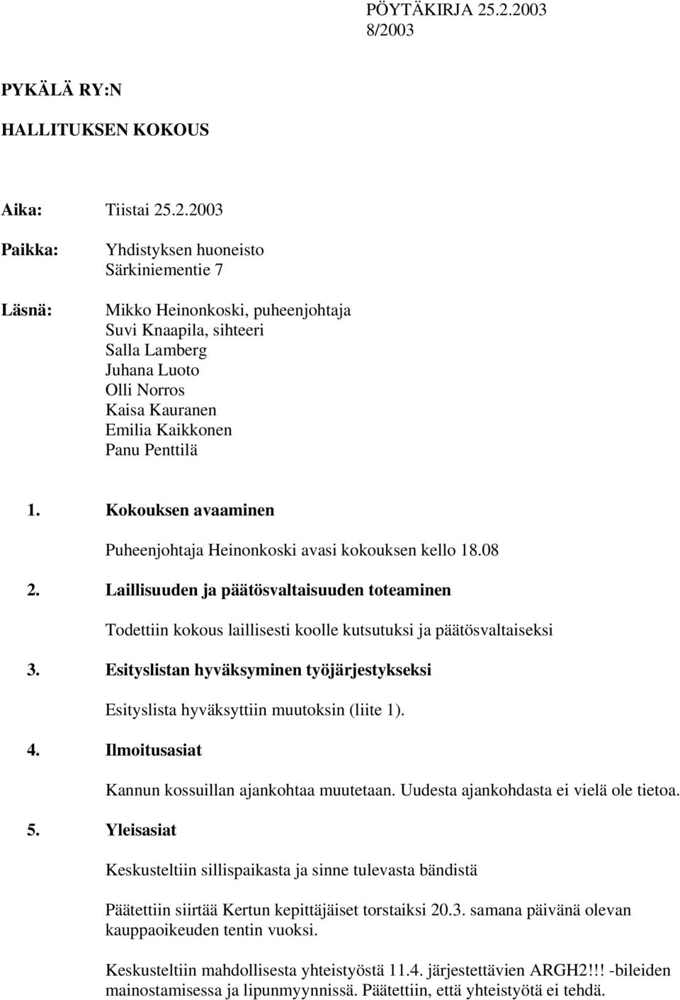 Juhana Luoto Olli Norros Kaisa Kauranen Emilia Kaikkonen Panu Penttilä 1. Kokouksen avaaminen Puheenjohtaja Heinonkoski avasi kokouksen kello 18.08 2.