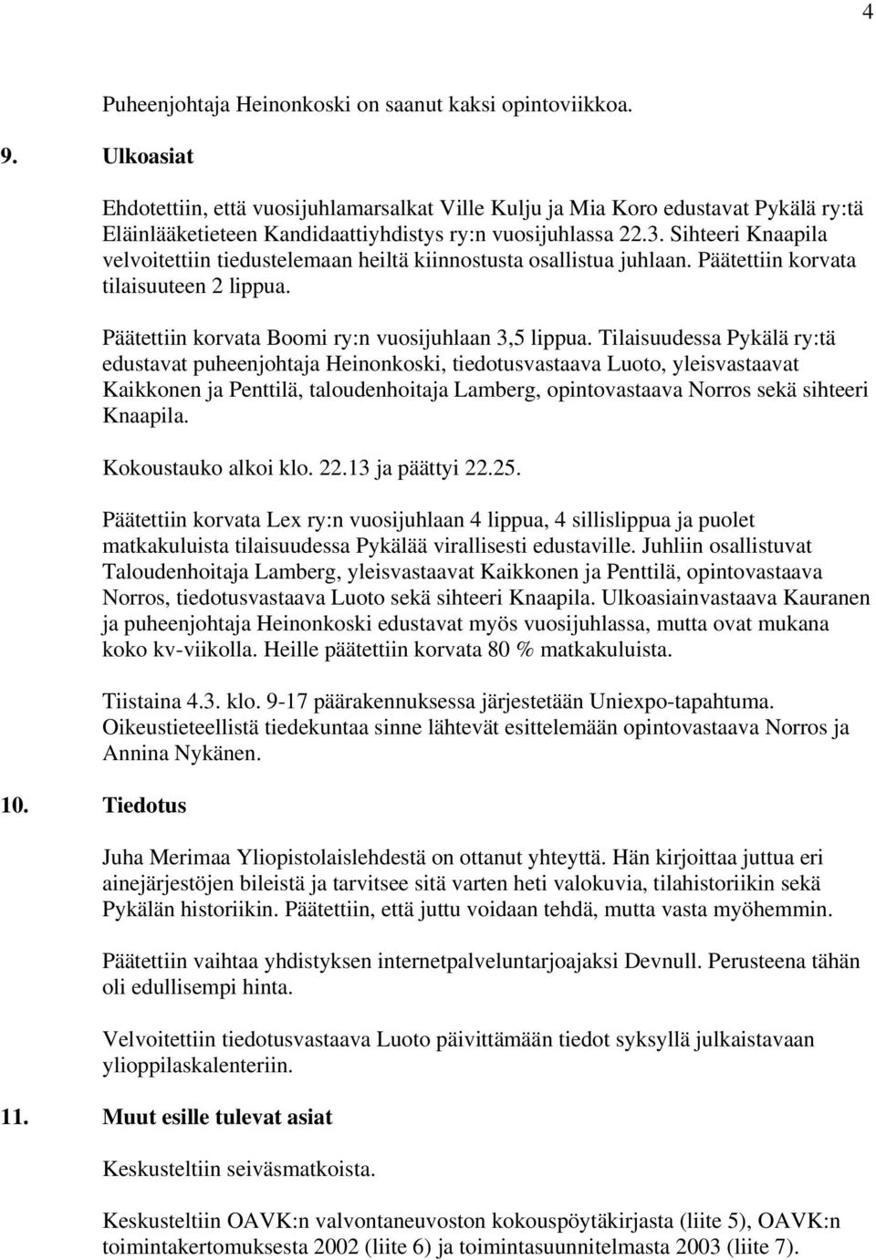 Sihteeri Knaapila velvoitettiin tiedustelemaan heiltä kiinnostusta osallistua juhlaan. Päätettiin korvata tilaisuuteen 2 lippua. Päätettiin korvata Boomi ry:n vuosijuhlaan 3,5 lippua.