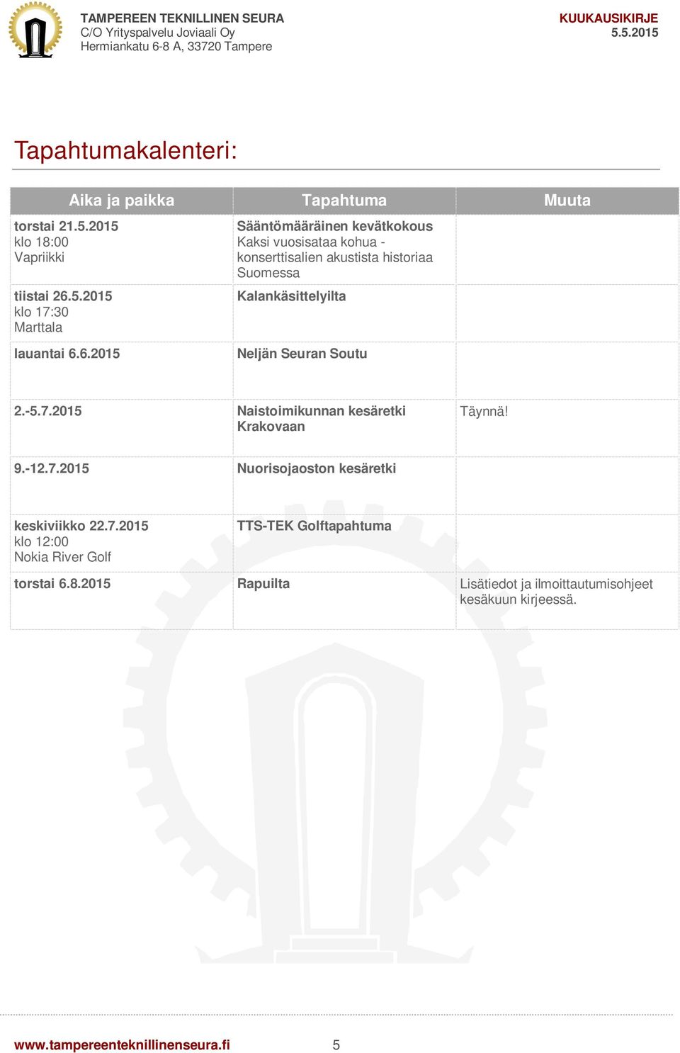 kohua - konserttisalien akustista historiaa Suomessa Kalankäsittelyilta lauantai 6.6.2015 Neljän Seuran Soutu 2.-5.7.