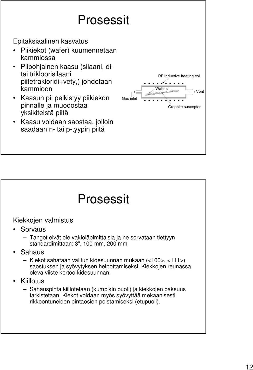 standardimittaan: 3, 100 mm, 200 mm Sahaus Kiekot sahataan valitun kidesuunnan mukaan (<100>, <111>) saostuksen ja syövytyksen helpottamiseksi.