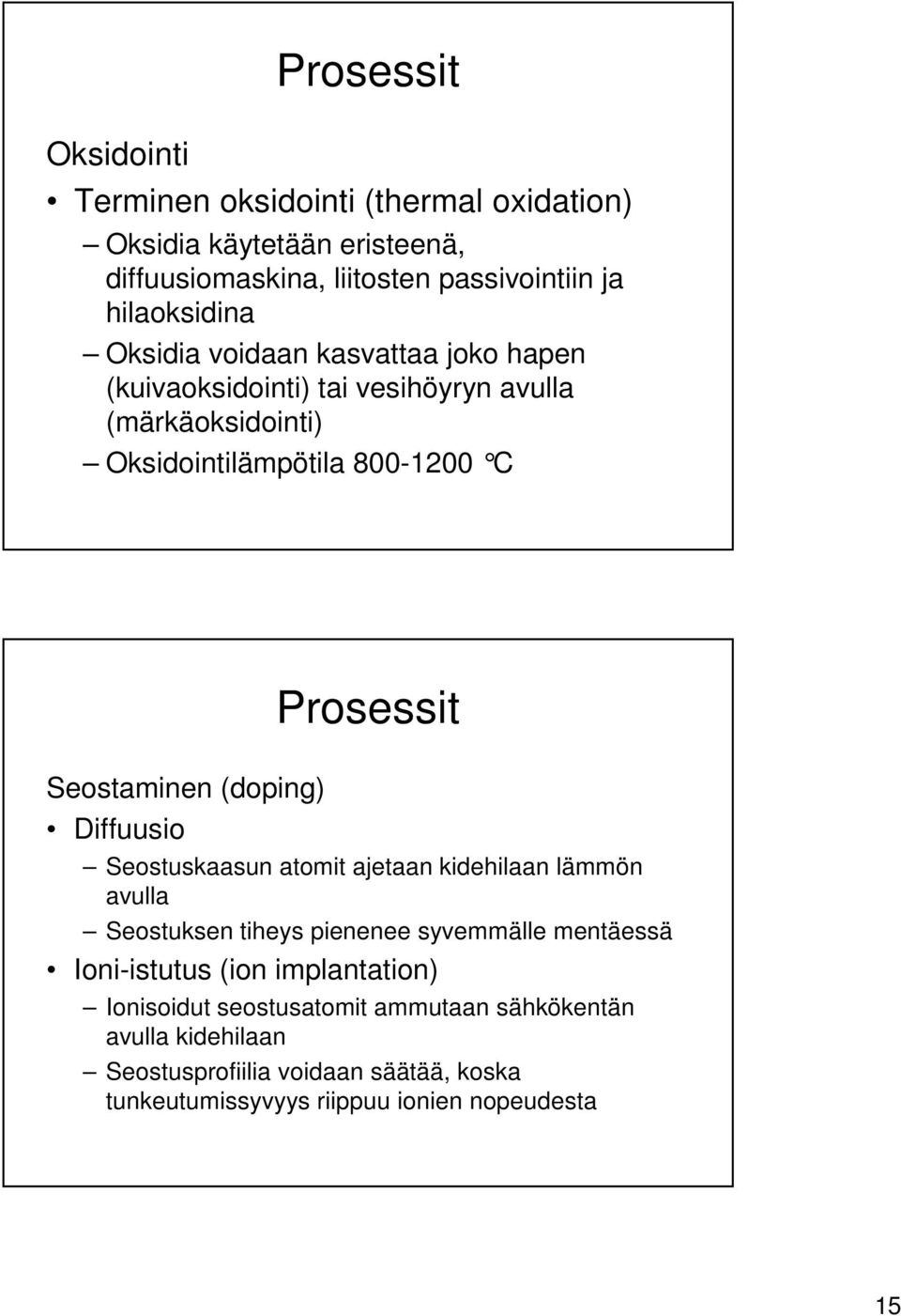 (doping) Diffuusio Seostuskaasun atomit ajetaan kidehilaan lämmön avulla Seostuksen tiheys pienenee syvemmälle mentäessä Ioni-istutus (ion