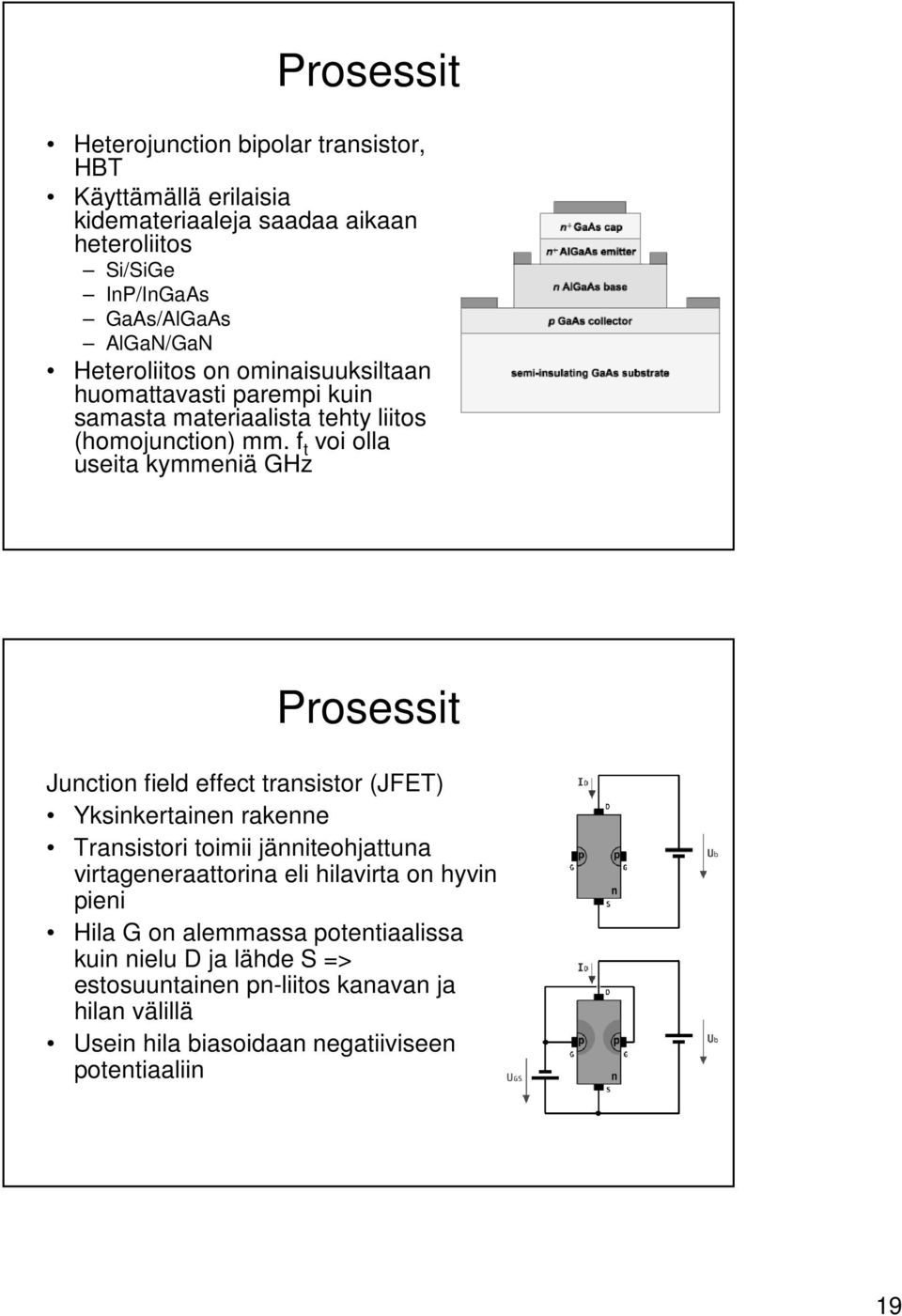 f t voi olla useita kymmeniä GHz Junction field effect transistor (JFET) Yksinkertainen rakenne Transistori toimii jänniteohjattuna virtageneraattorina