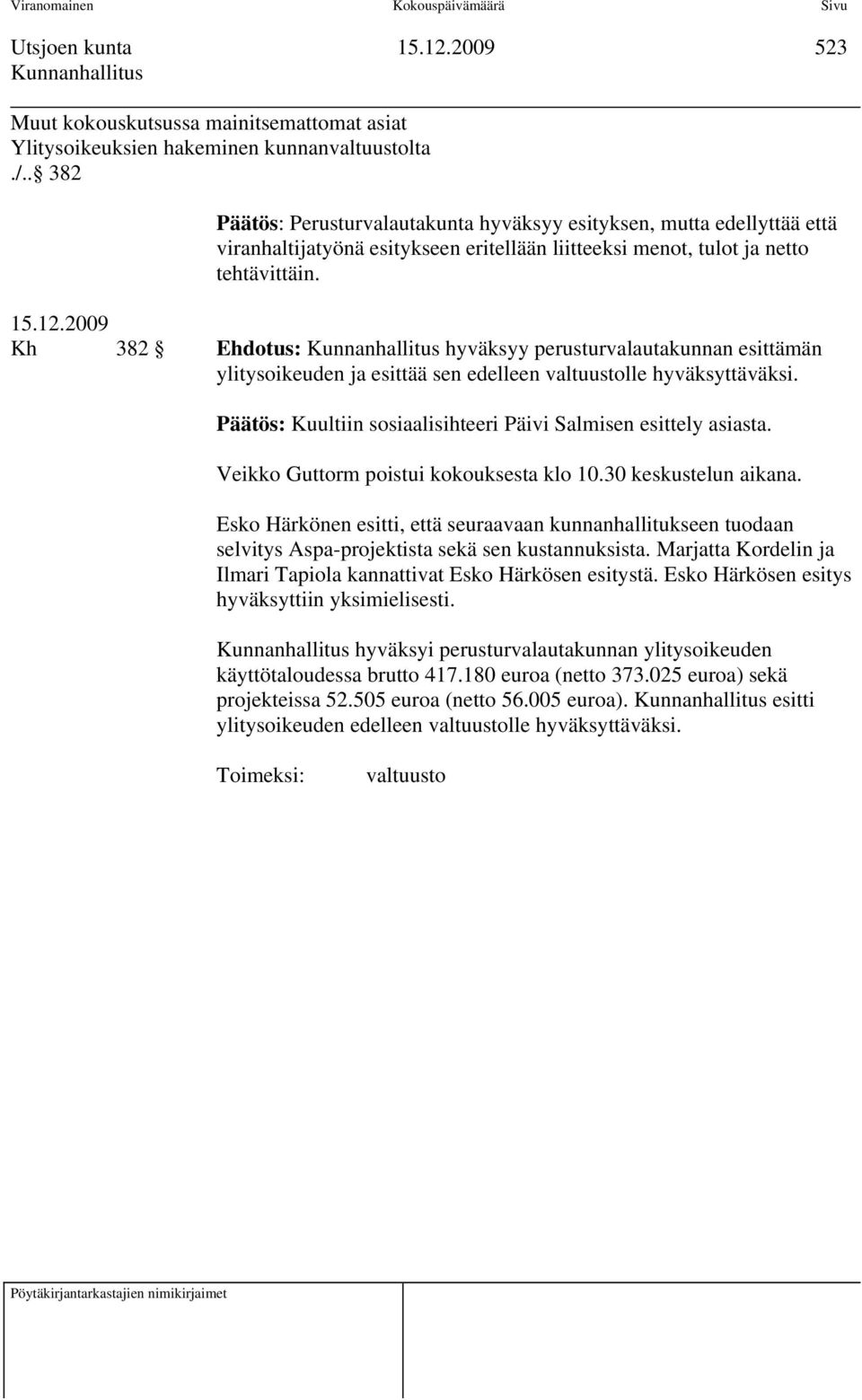 29 Kh 382 Ehdotus: hyväksyy perusturvalautakunnan esittämän ylitysoikeuden ja esittää sen edelleen valtuustolle hyväksyttäväksi. Päätös: Kuultiin sosiaalisihteeri Päivi Salmisen esittely asiasta.