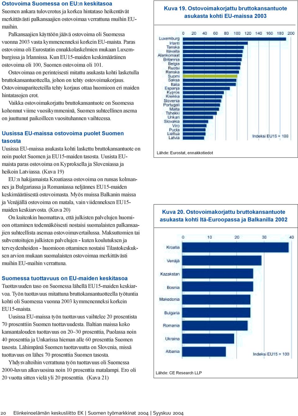 Kun EU15-maiden keskimääräinen ostovoima oli 100, Suomen ostovoima oli 101. Ostovoimaa on perinteisesti mitattu asukasta kohti lasketulla bruttokansantuotteella, johon on tehty ostovoimakorjaus.