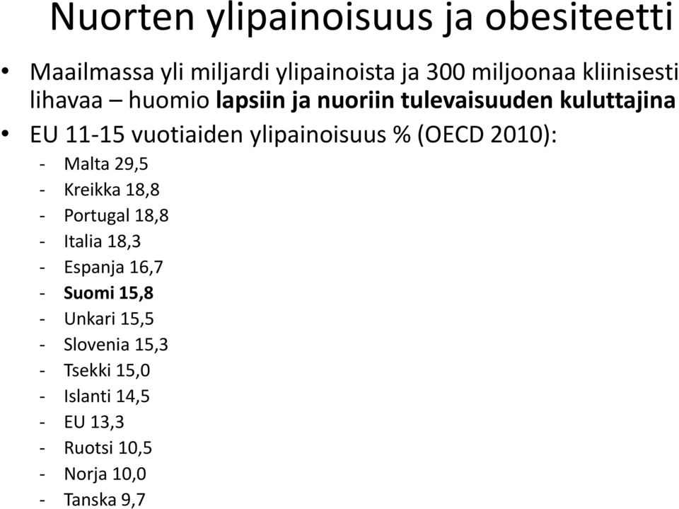 ylipainoisuus % (OECD 2010): - Malta 29,5 - Kreikka 18,8 - Portugal 18,8 - Italia 18,3 - Espanja 16,7