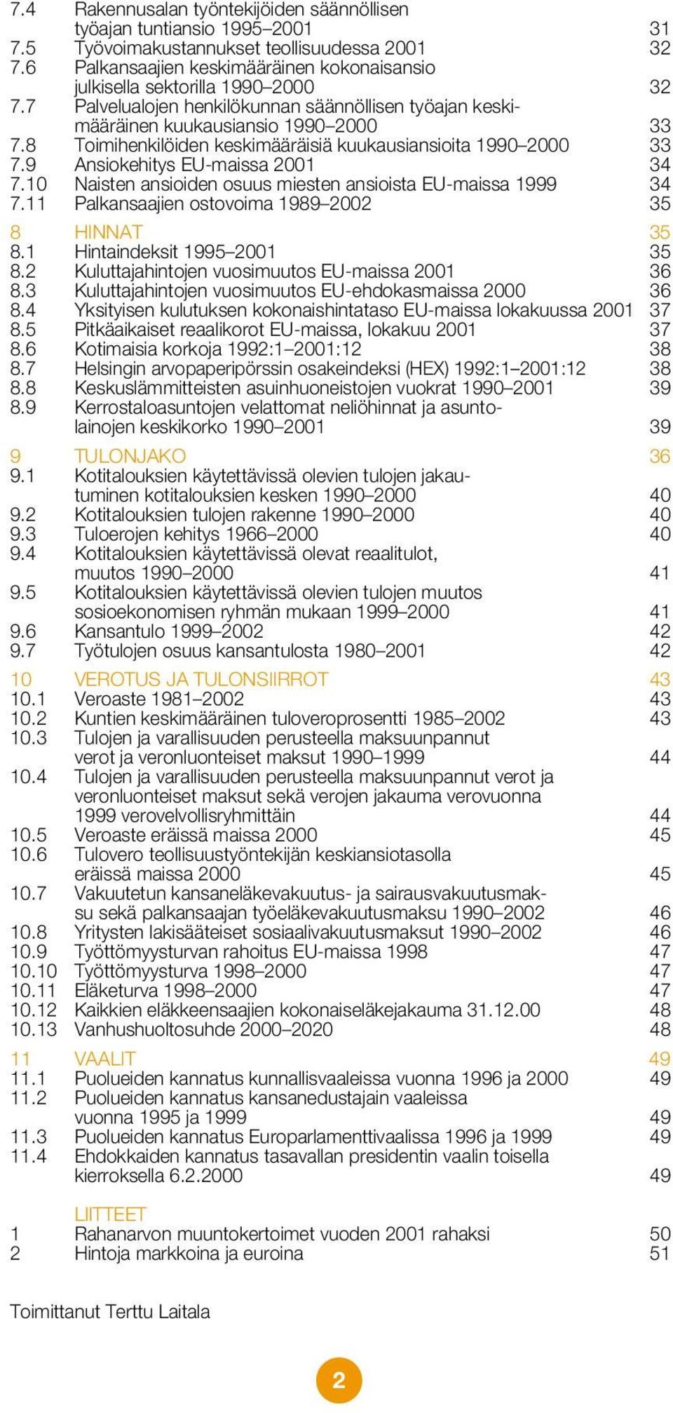 8 Toimihenkilöiden keskimääräisiä kuukausiansioita 1990 2000 33 7.9 Ansiokehitys EU-maissa 2001 34 7.10 Naisten ansioiden osuus miesten ansioista EU-maissa 1999 34 7.