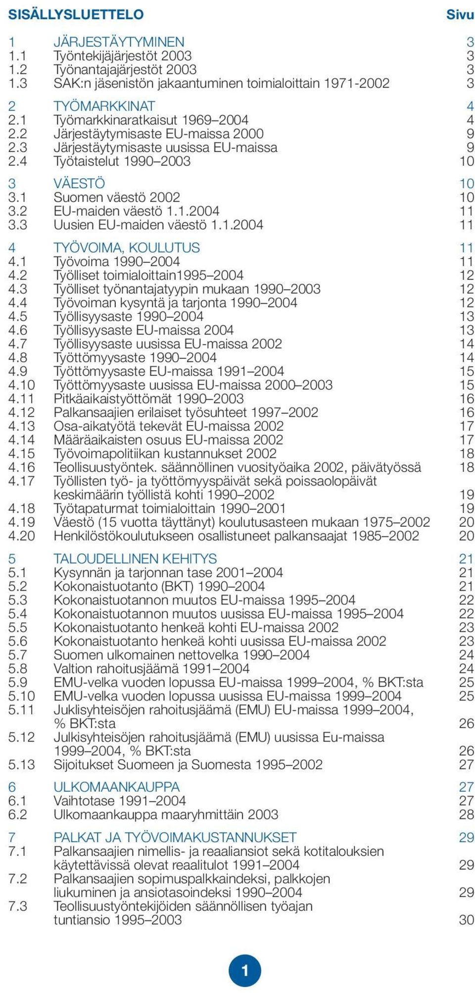 2 EU-maiden väestö 1.1.2004 11 3.3 Uusien EU-maiden väestö 1.1.2004 11 4 TYÖVOIMA, KOULUTUS 11 4.1 Työvoima 1990 2004 11 4.2 Työlliset toimialoittain1995 2004 12 4.