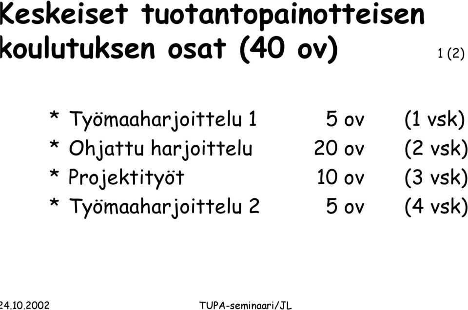 * Ohjattu harjoittelu 20 ov (2 vsk) *