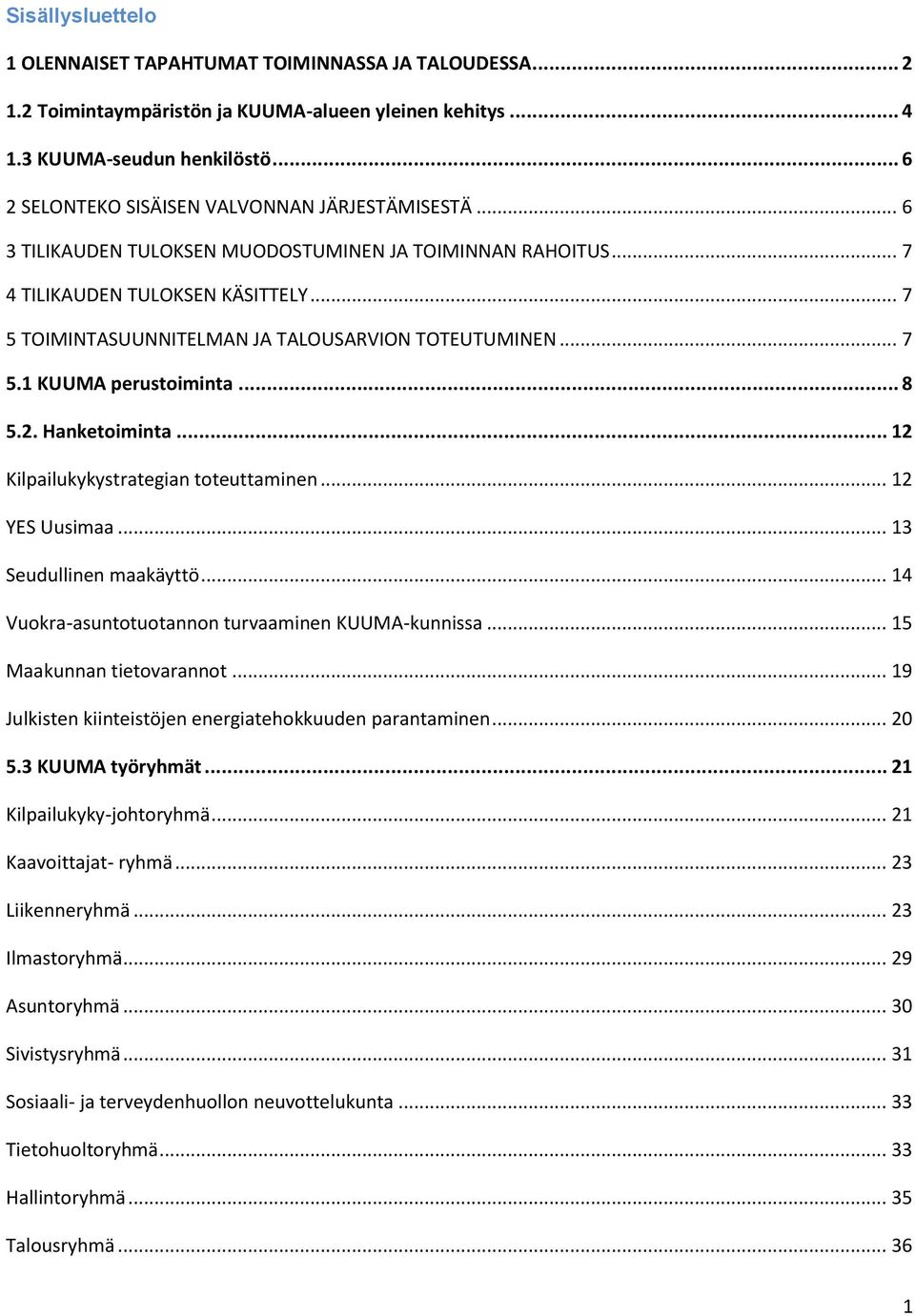 .. 7 5 TOIMINTASUUNNITELMAN JA TALOUSARVION TOTEUTUMINEN... 7 5.1 KUUMA perustoiminta... 8 5.2. Hanketoiminta... 12 Kilpailukykystrategian toteuttaminen... 12 YES Uusimaa... 13 Seudullinen maakäyttö.