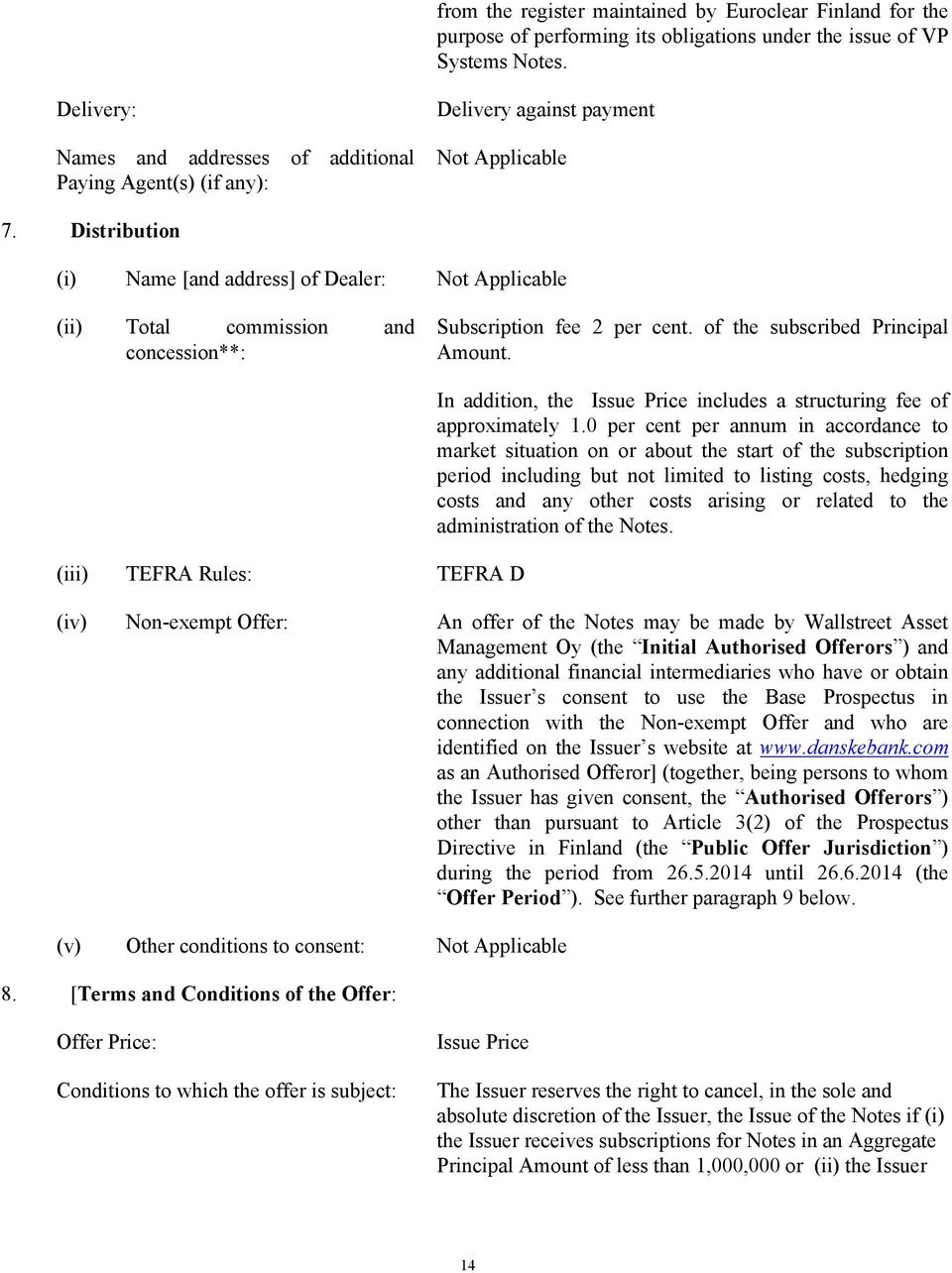 Distribution (i) Name [and address] of Dealer: Not Applicable (ii) Total commission and concession**: Subscription fee 2 per cent. of the subscribed Principal Amount.