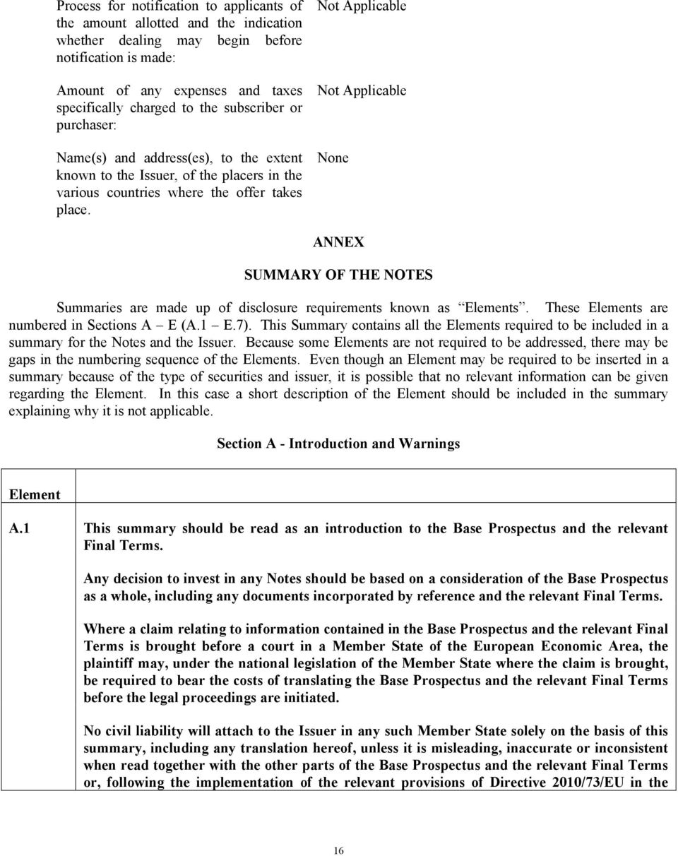 Not Applicable Not Applicable None ANNEX SUMMARY OF THE NOTES Summaries are made up of disclosure requirements known as Elements. These Elements are numbered in Sections A E (A.1 E.7).