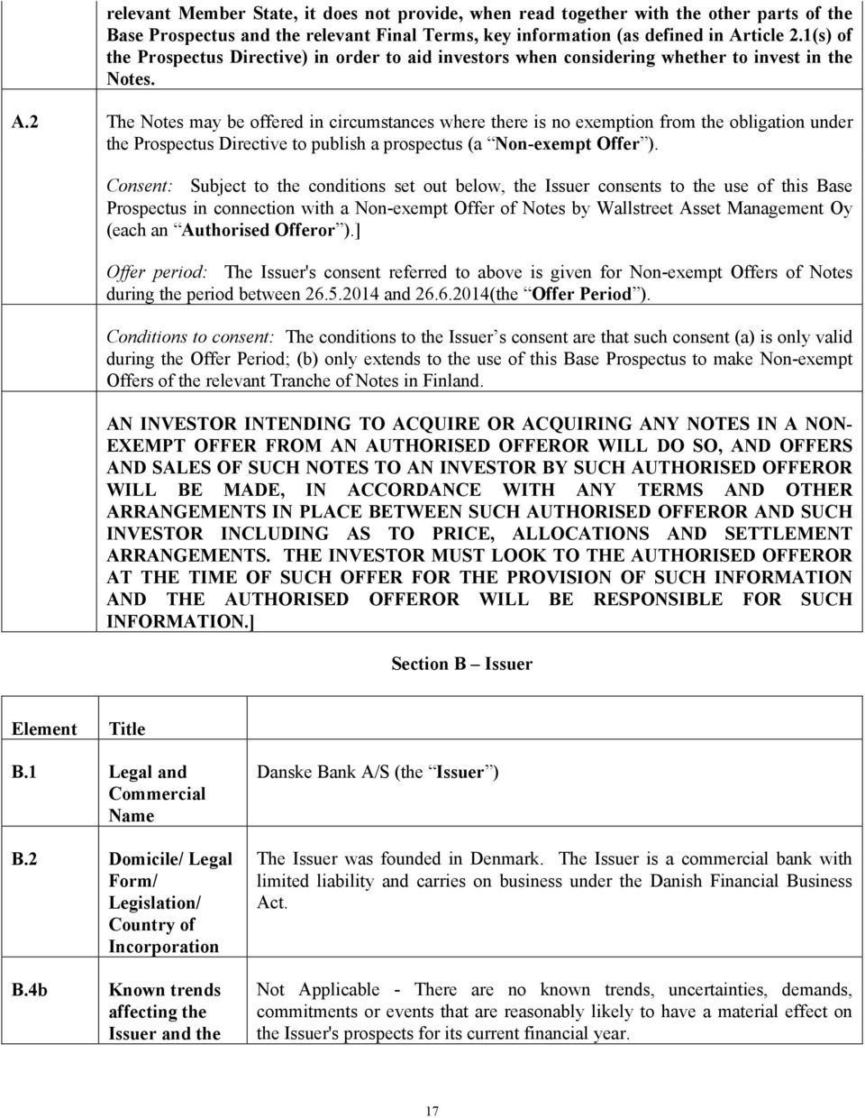 2 The Notes may be offered in circumstances where there is no exemption from the obligation under the Prospectus Directive to publish a prospectus (a Non-exempt Offer ).