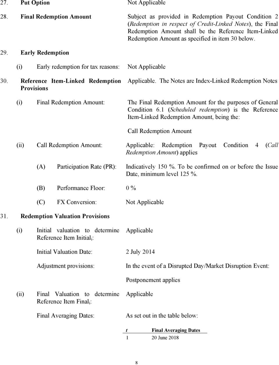 Amount as specified in item 30 below. 29. Early Redemption (i) Early redemption for tax reasons: Not Applicable 30. Reference Item-Linked Redemption Provisions Applicable.