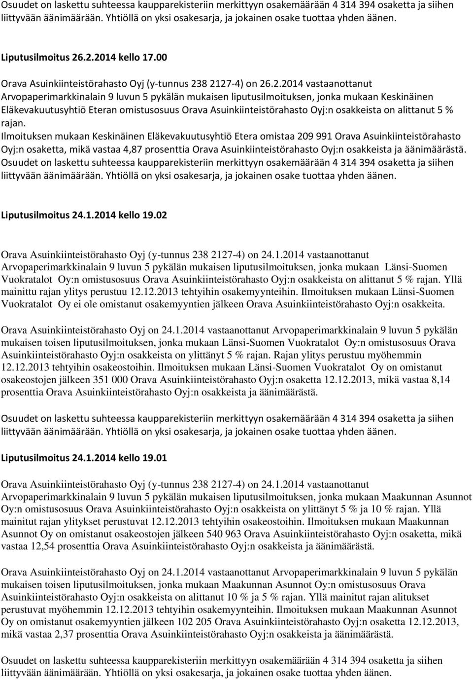 Eläkevakuutusyhtiö Eteran omistusosuus Orava Asuinkiinteistörahasto Oyj:n osakkeista on alittanut 5 % rajan.