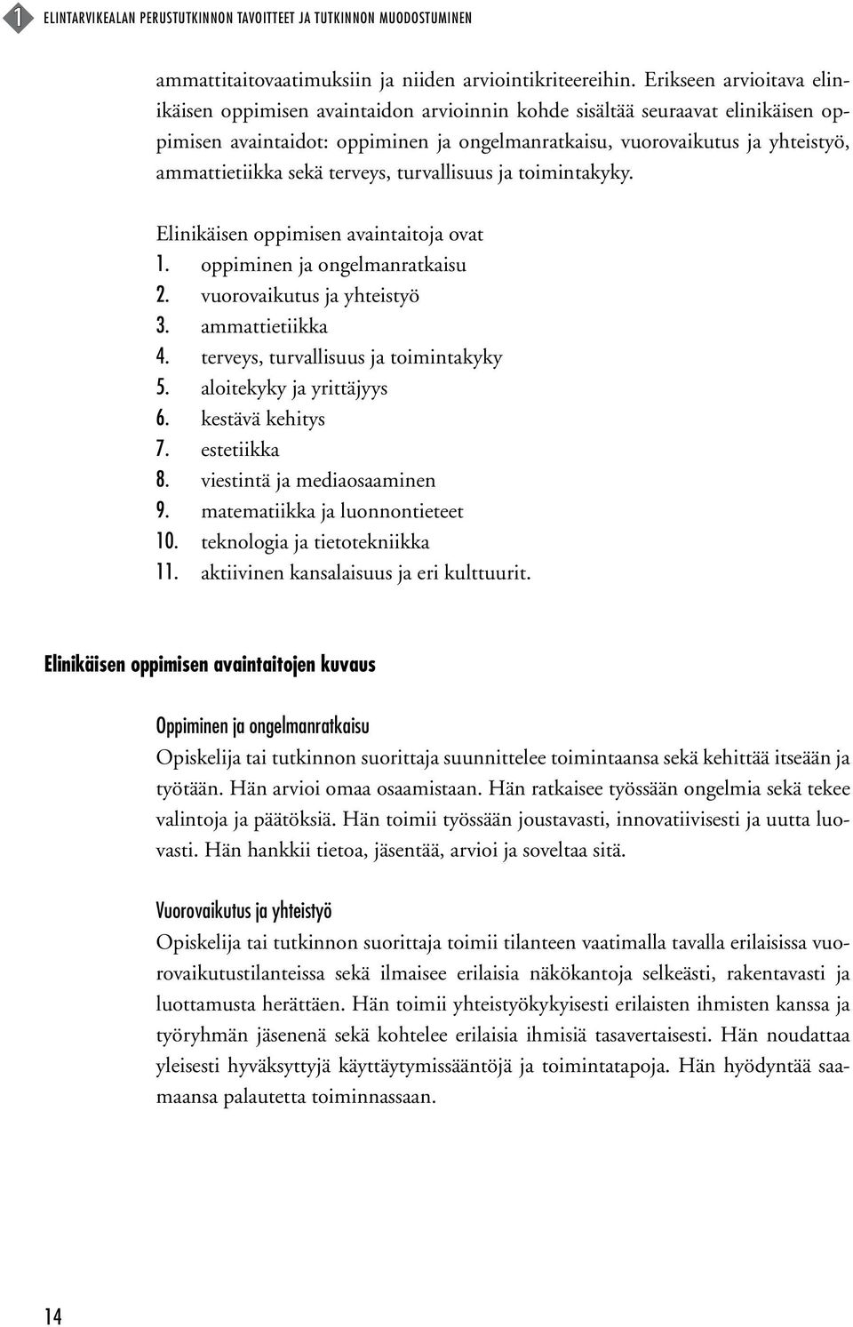 sekä terveys, turvallisuus ja toimintakyky. Elinikäisen oppimisen avaintaitoja ovat 1. oppiminen ja ongelmanratkaisu 2. vuorovaikutus ja yhteistyö 3. ammattietiikka 4.