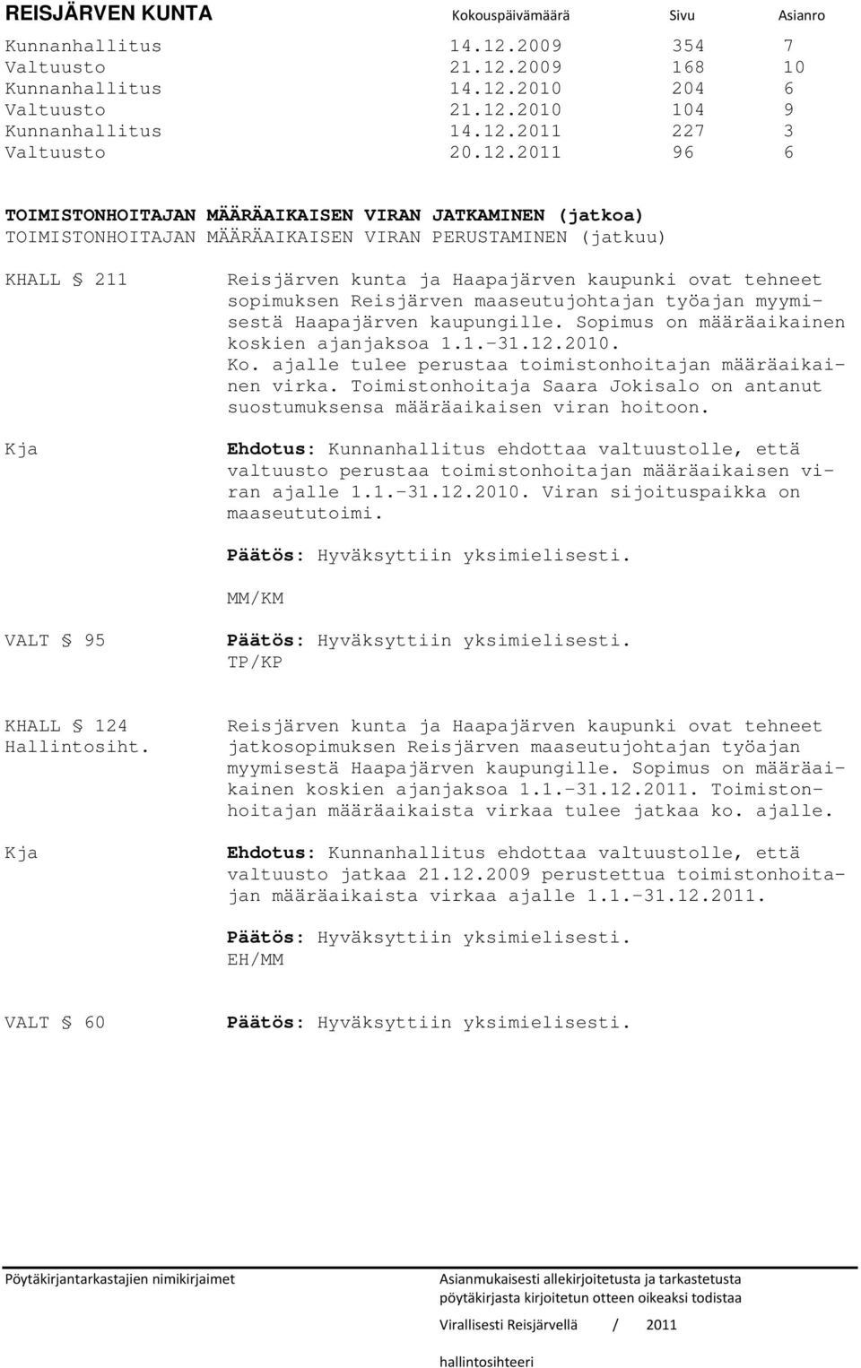 sopimuksen Reisjärven maaseutujohtajan työajan myymisestä Haapajärven kaupungille. Sopimus on määräaikainen koskien ajanjaksoa 1.1. 31.12.2010. Ko.