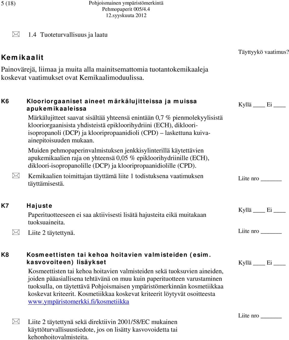 K6 Klooriorgaaniset aineet märkälujitteissa ja muissa apukemikaaleissa Märkälujitteet saavat sisältää yhteensä enintään 0,7 % pienmolekyylisistä klooriorgaanisista yhdisteistä epikloorihydriini