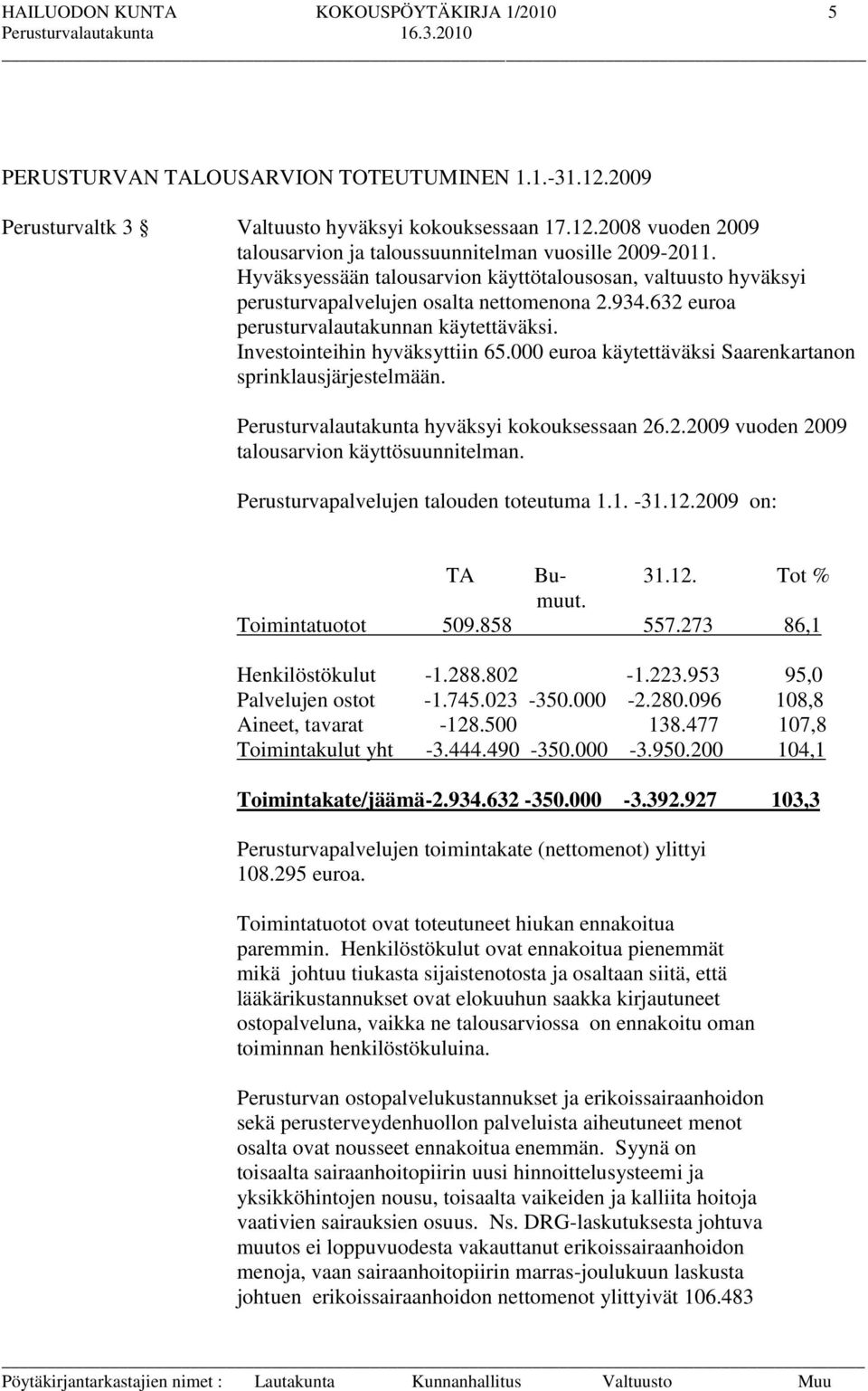 000 euroa käytettäväksi Saarenkartanon sprinklausjärjestelmään. Perusturvalautakunta hyväksyi kokouksessaan 26.2.2009 vuoden 2009 talousarvion käyttösuunnitelman.