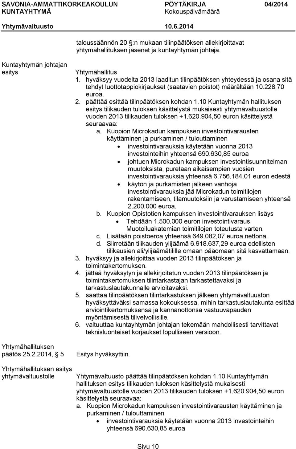 10 Kuntayhtymän hallituksen esitys tilikauden tuloksen käsittelystä mukaisesti yhtymävaltuustolle vuoden 2013 tilikauden tuloksen +1.620.904,50 euron käsittelystä seuraavaa: a.