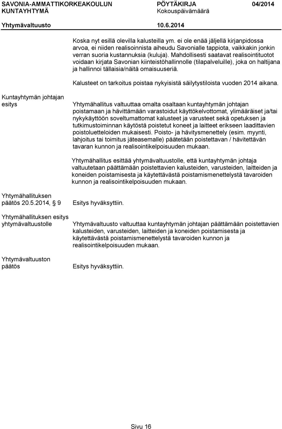 Kalusteet on tarkoitus poistaa nykyisistä säilytystiloista vuoden 2014 aikana.