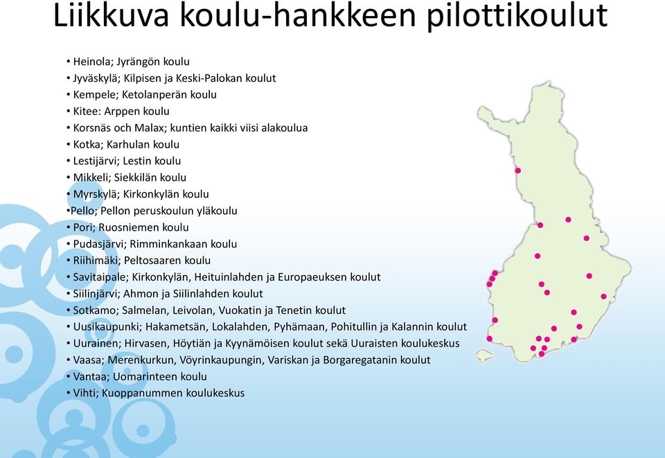 Riihimäki; Peltosaaren koulu Savitaipale; Kirkonkylän, Heituinlahden ja Europaeuksen koulut Siilinjärvi; Ahmon ja Siilinlahden koulut Sotkamo; Salmelan, Leivolan, Vuokatin ja Tenetin koulut