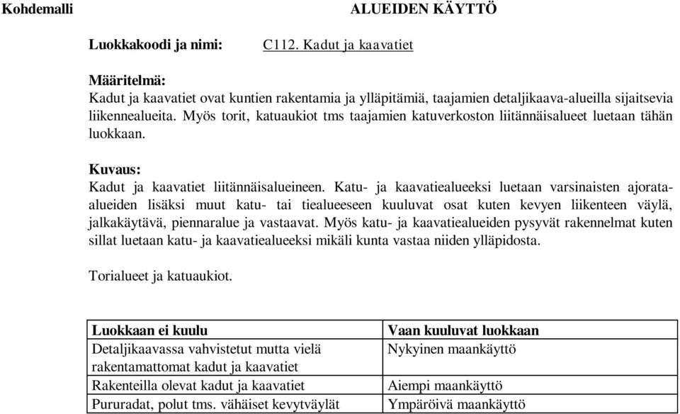 Katu- ja kaavatiealueeksi luetaan varsinaisten ajorataalueiden lisäksi muut katu- tai tiealueeseen kuuluvat osat kuten kevyen liikenteen väylä, jalkakäytävä, piennaralue ja vastaavat.