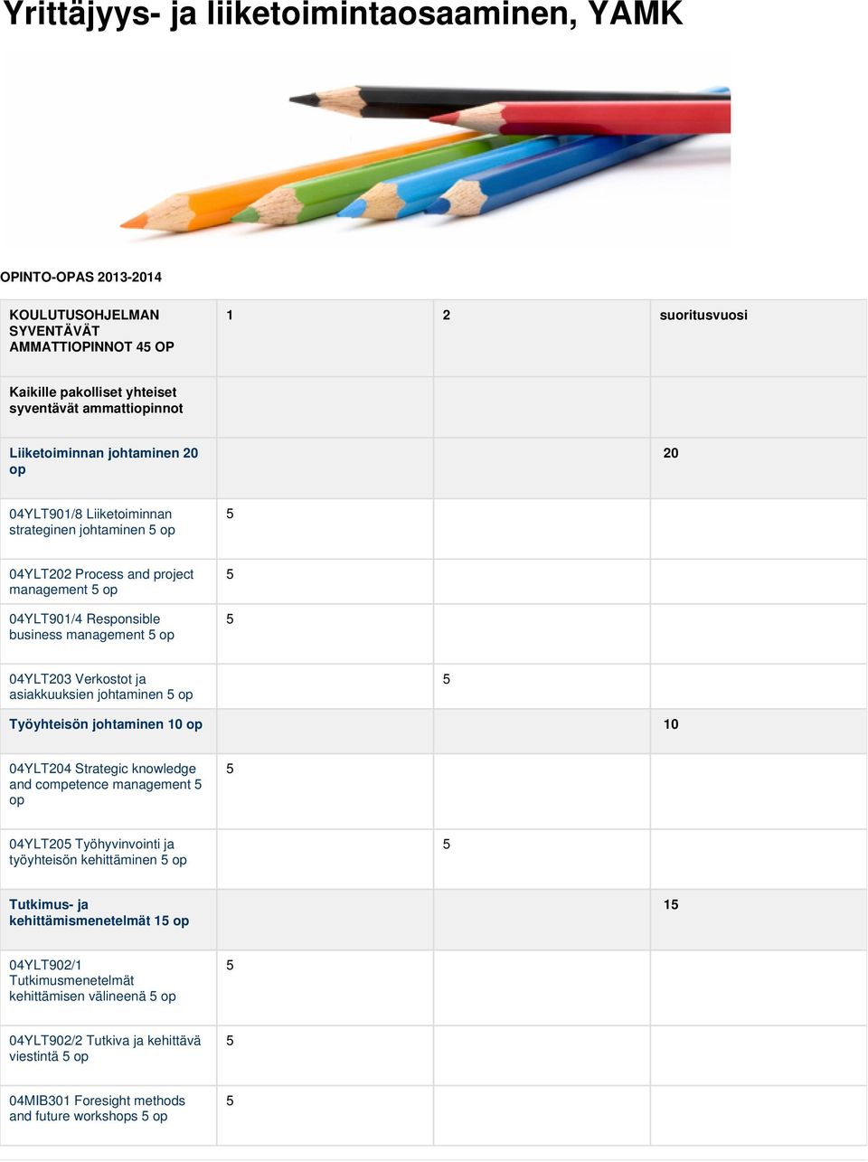 Verkostot ja asiakkuuksien johtaminen op Työyhteisön johtaminen 10 op 10 04YLT204 Strategic knowledge and competence management op 04YLT20 Työhyvinvointi ja työyhteisön kehittäminen op