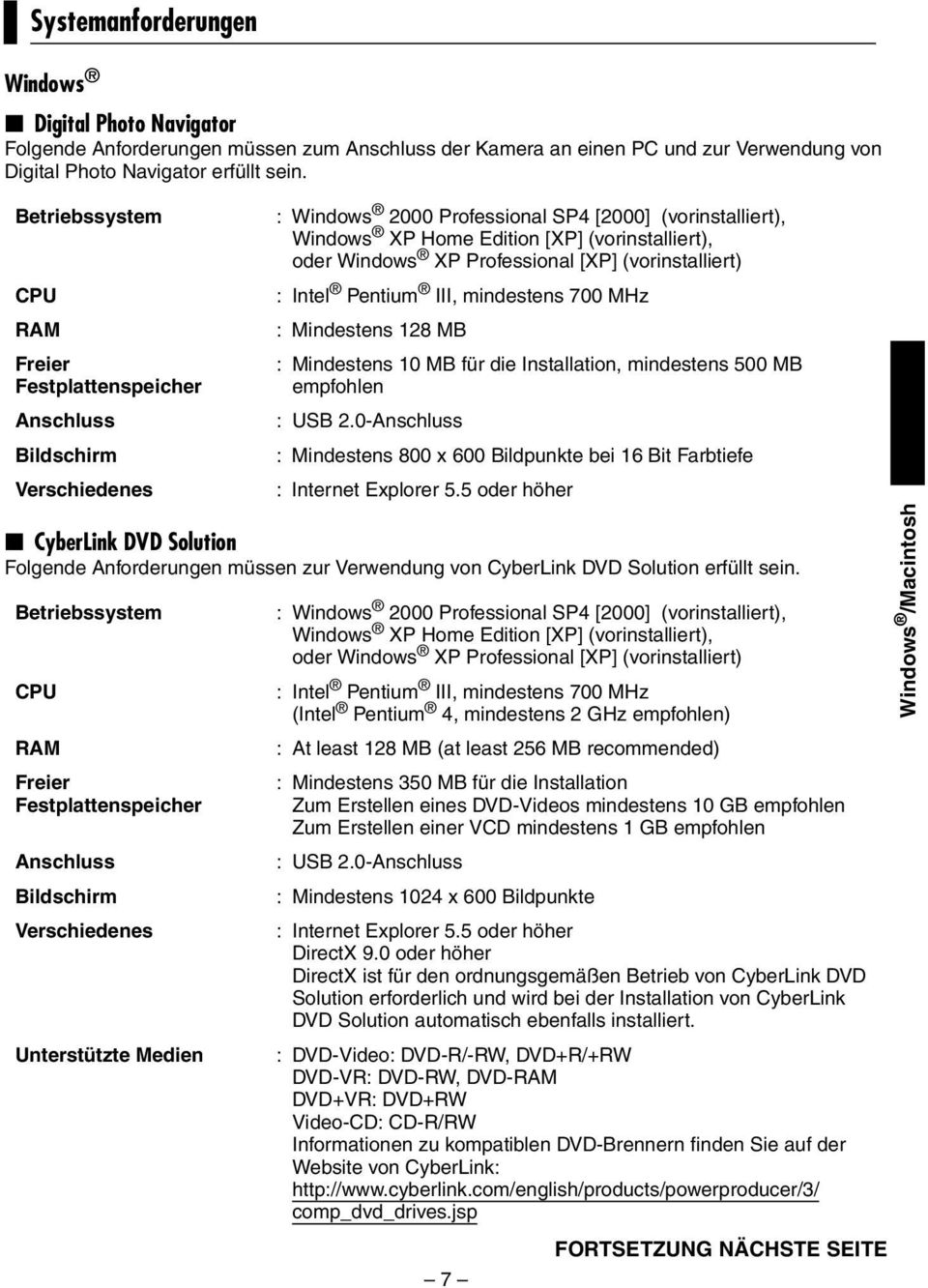 Windows XP Professional [XP] (vorinstalliert) : Intel Pentium III, mindestens 700 MHz : Mindestens 128 MB : Mindestens 10 MB für die Installation, mindestens 500 MB empfohlen : USB 2.